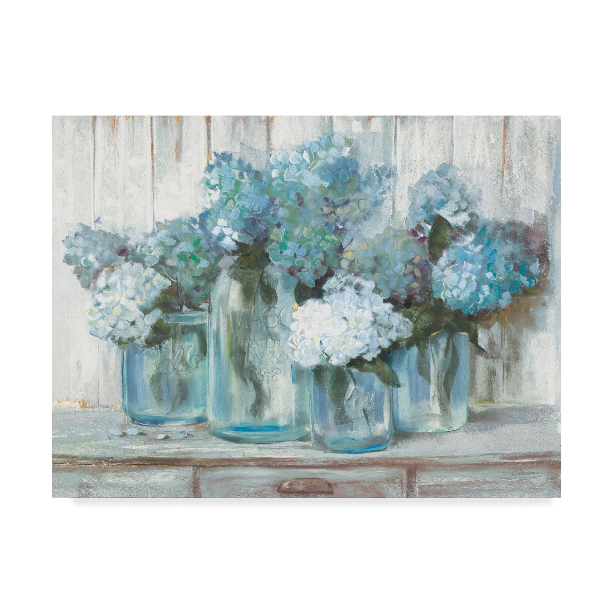 "Hydrangeas In Glass Jars Blue" Outdoor Canvas