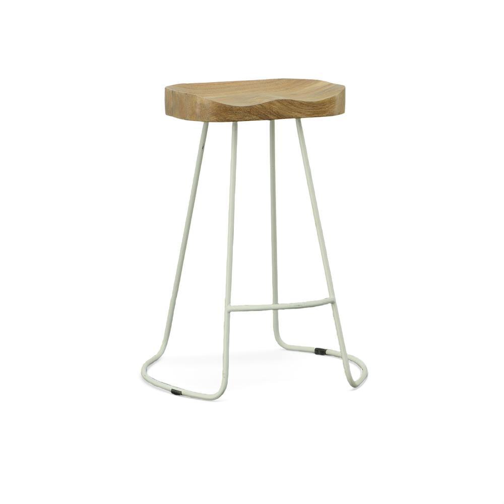 Set of 2 Natural Mango Wood and White Iron Counter Stools