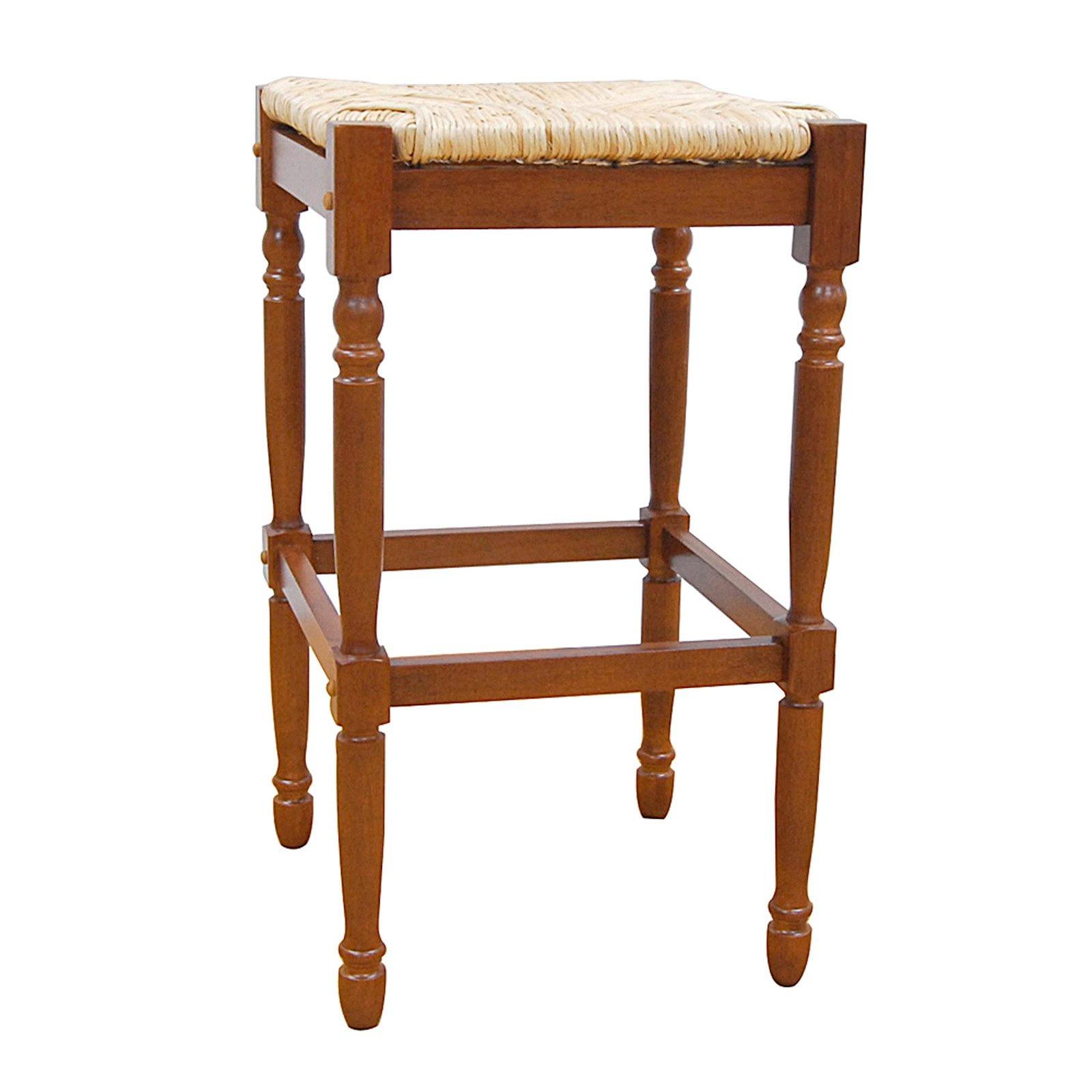 Elegant Backless Walnut Wood Counter Stool with Handwoven Seat