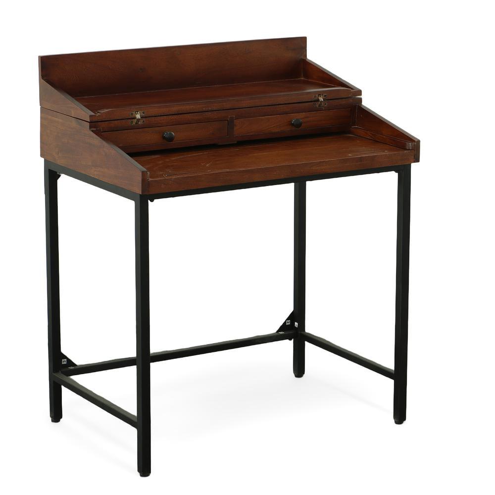 Carolina Living Raleigh Rustic Top RTA Writing Desk Chestnut/Black: Mango Wood Surface, Iron Frame, Drawer Storage