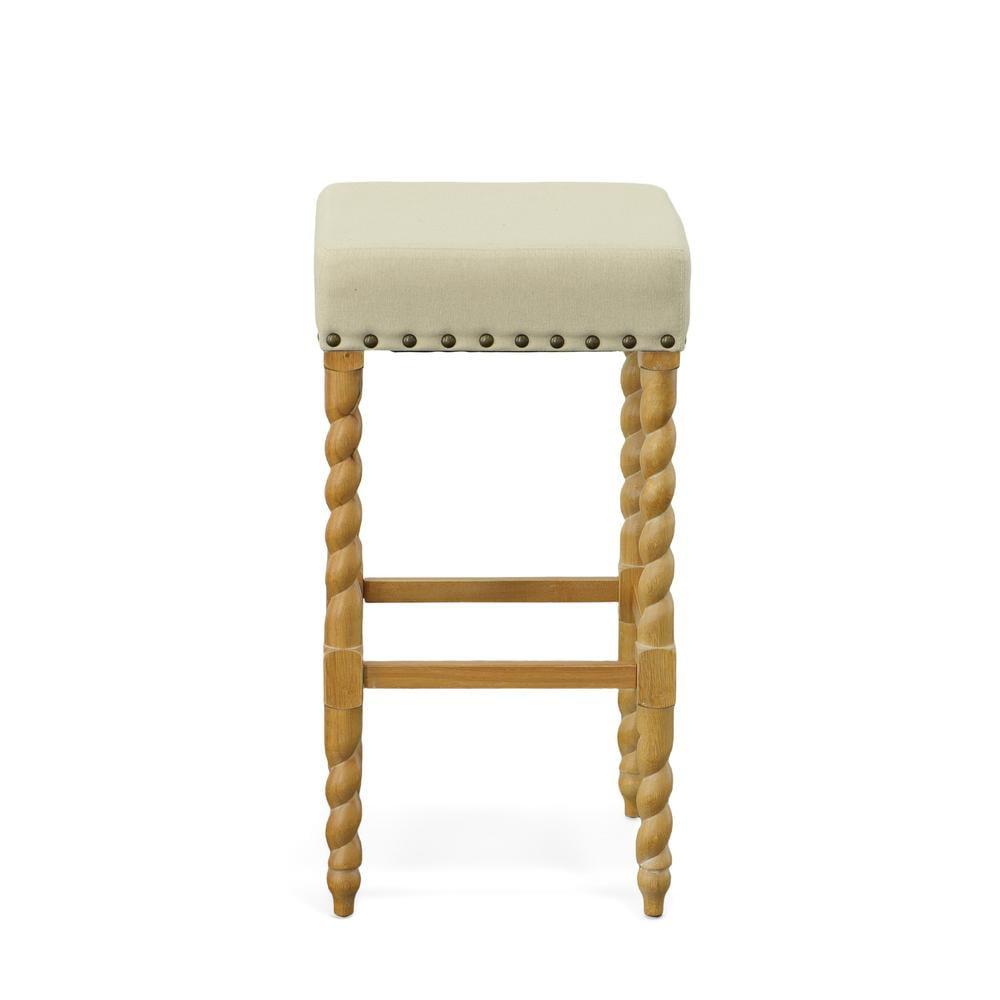 Remick Natural Oak & Linen 30" Rustic Bar Stool with Brass Nailhead Trim