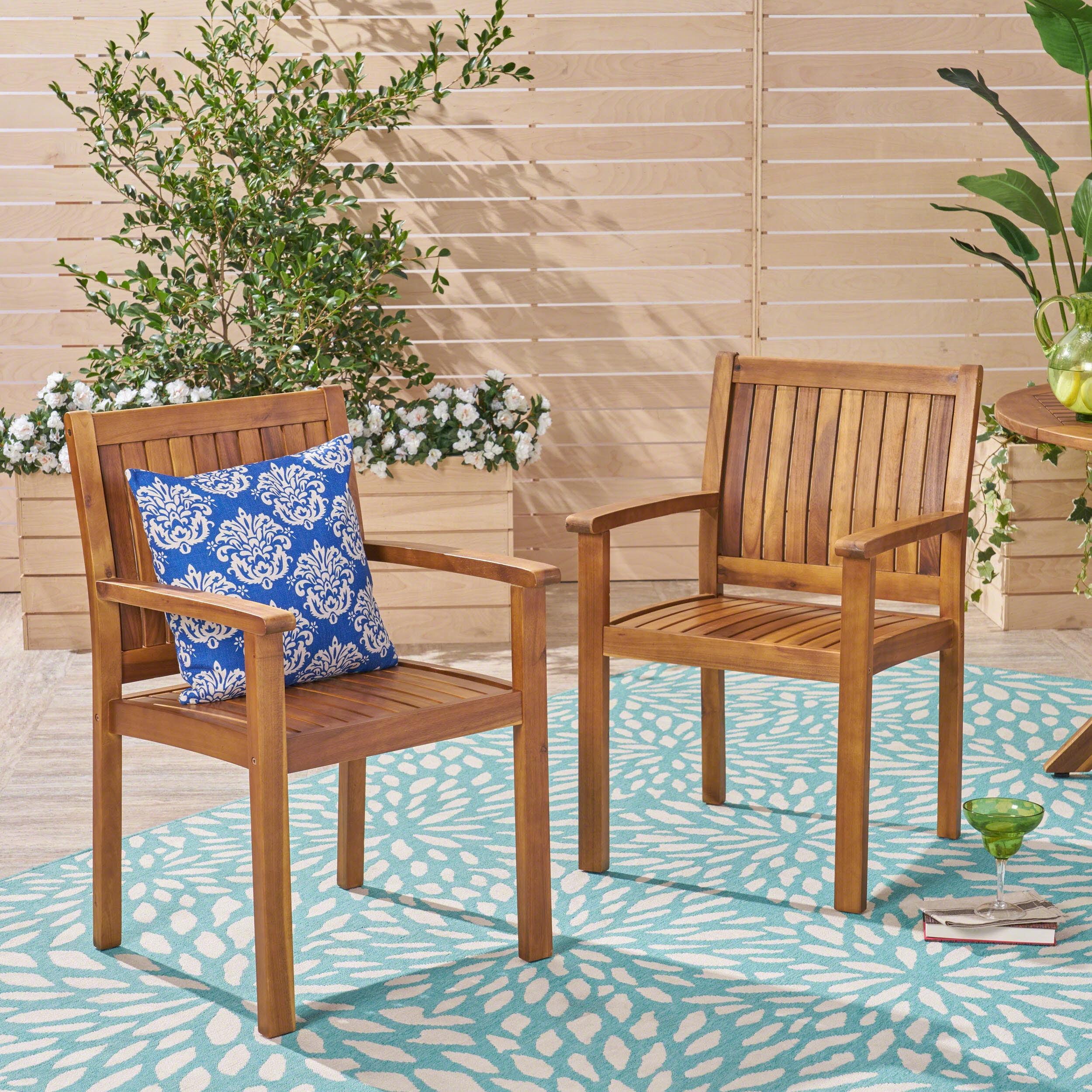 Caroline Teak Acacia Wood Outdoor Dining Chairs, Set of 2