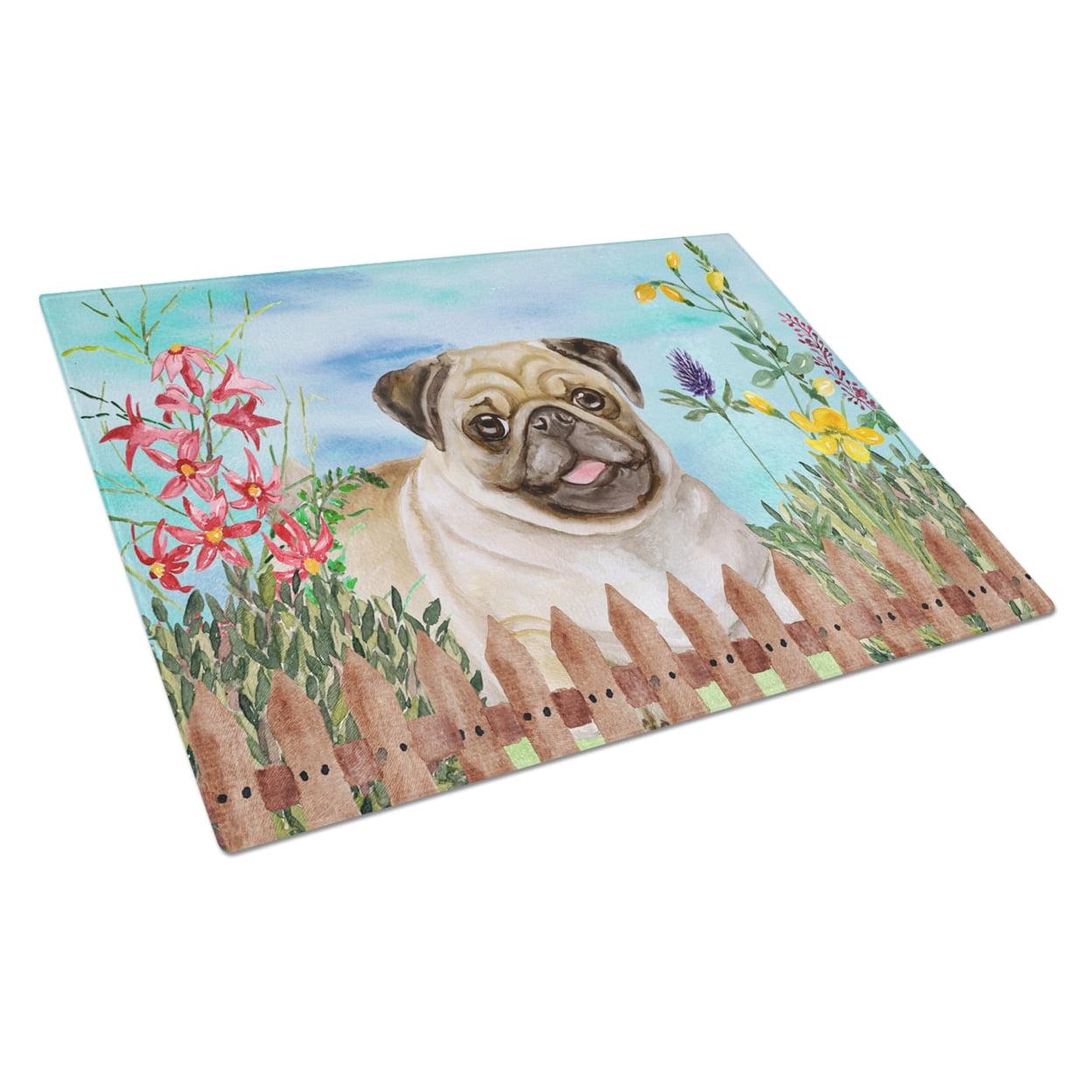 Springtime Dog Fawn Pug Tempered Glass Cutting Board