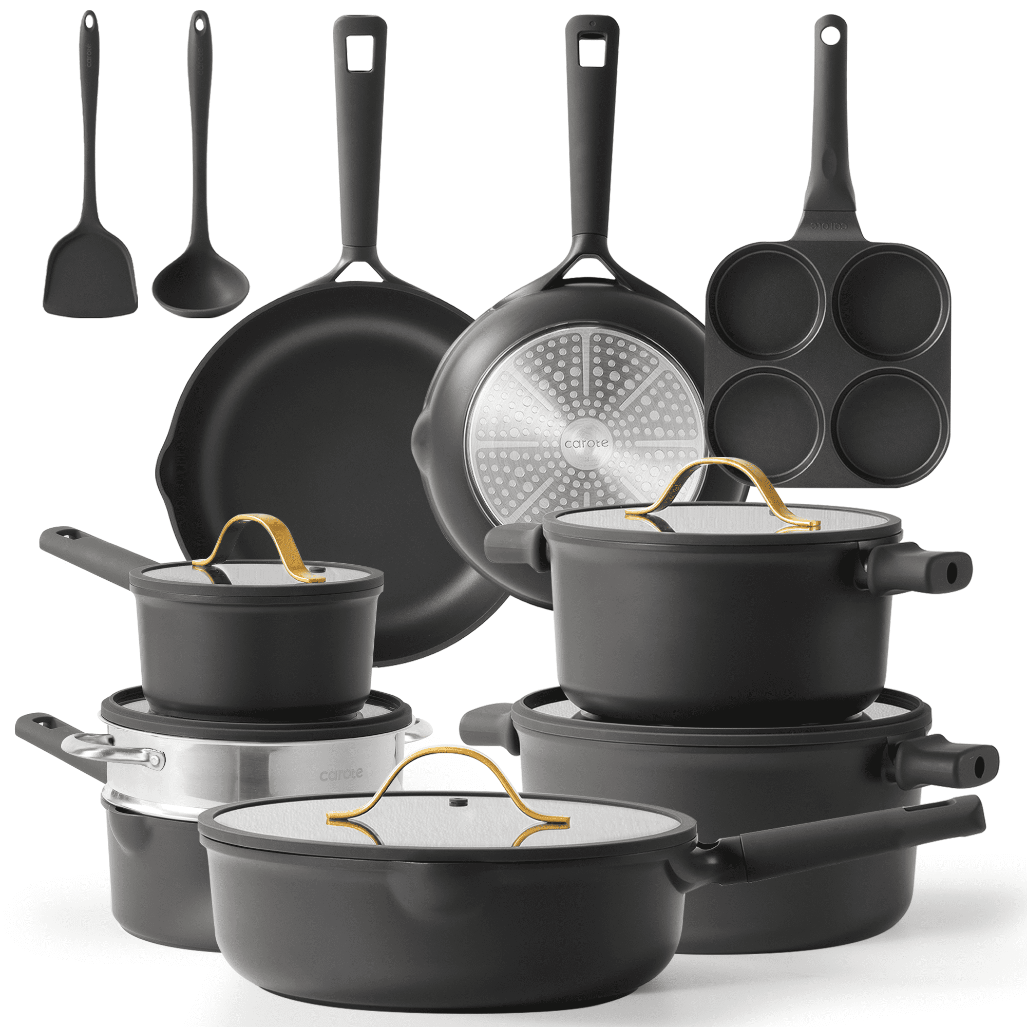 Carote 16 Pcs Nonstick Cookware Sets, Premium Pots and Pans Set, Easy to Clean, Grey and Gold