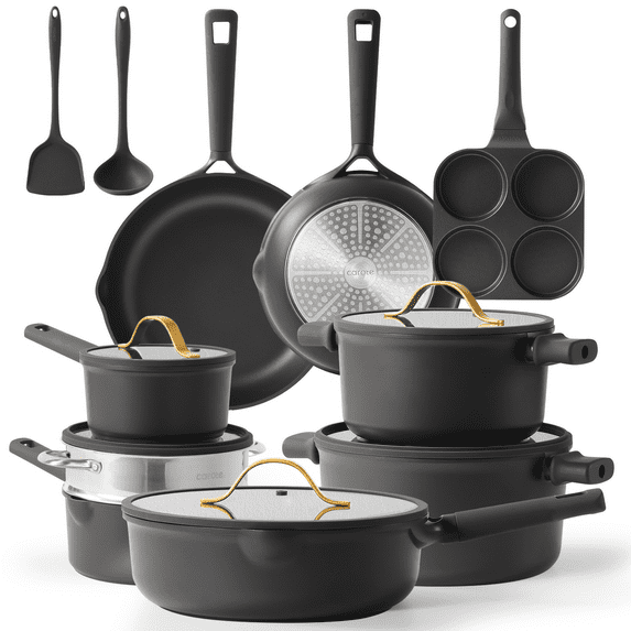Carote 16 Pcs Nonstick Cookware Sets, Premium Pots and Pans Set, Easy to Clean, Grey and Gold