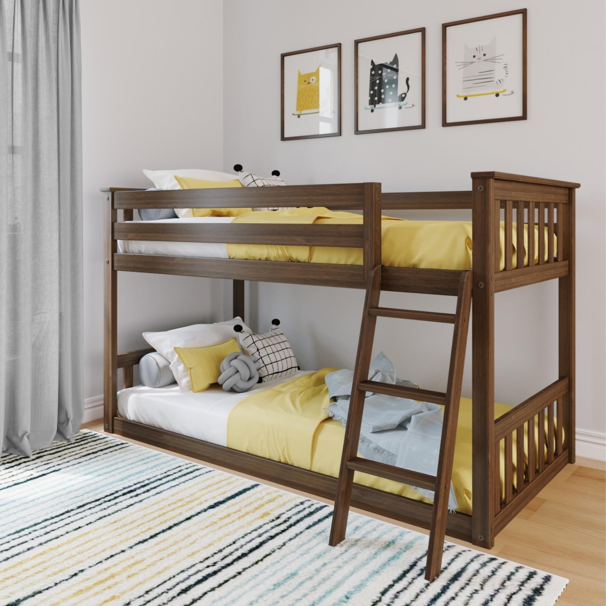 Max & Lily Twin over Twin Bunk Bed for Kids, Solid Wood Low Bunk Beds with Ladder, Walnut
