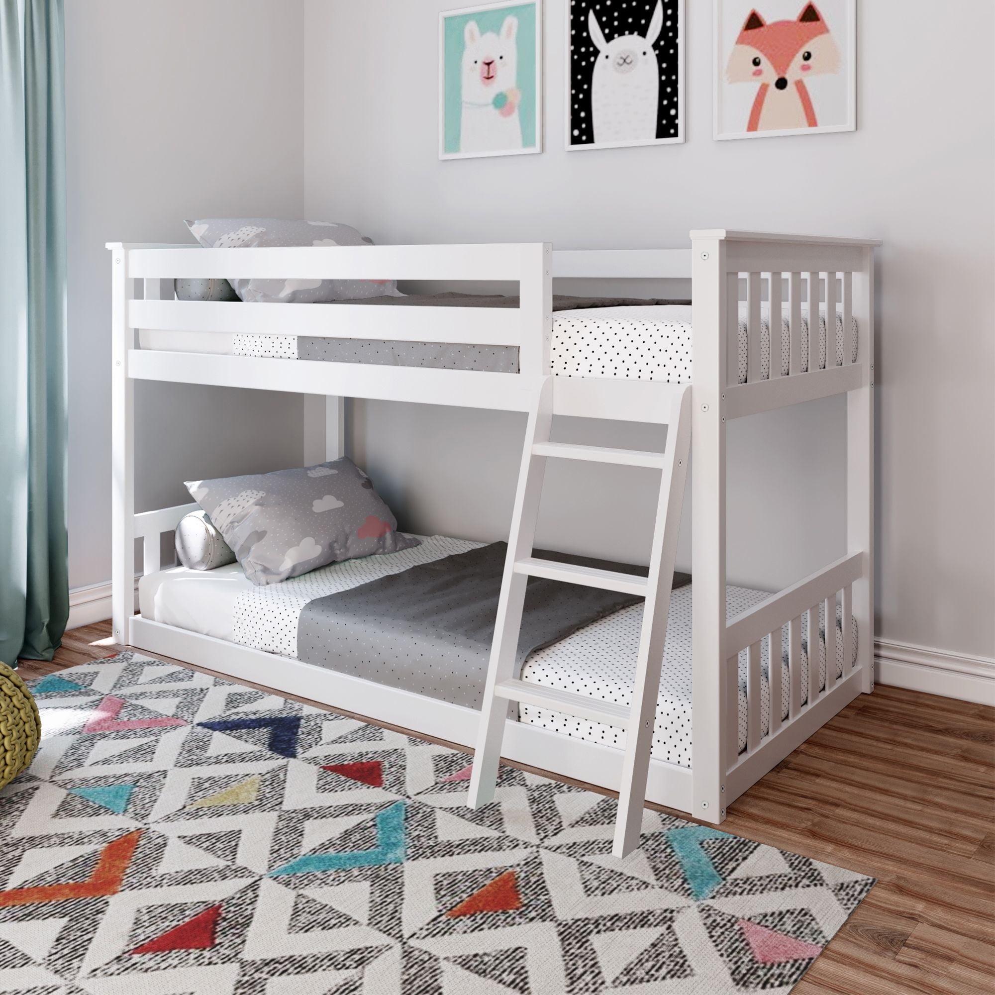 Max & Lily Twin over Twin Low Bunk Bed Solid Wood Platform Bed Frame for Kids with 15" Guardrail and Ladder, White