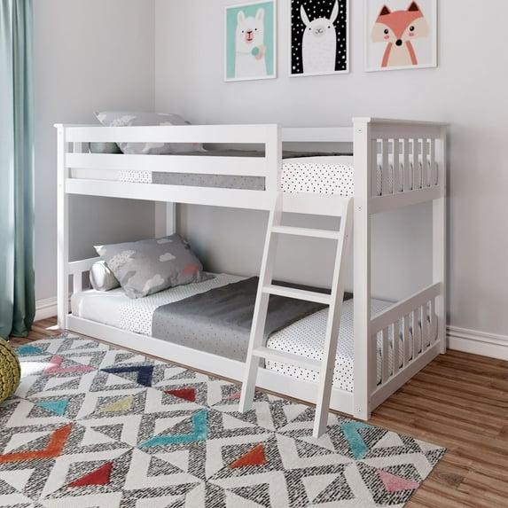 Max & Lily Twin over Twin Bunk Bed for Kids, Solid Wood Low Bunk Beds with Ladder, White