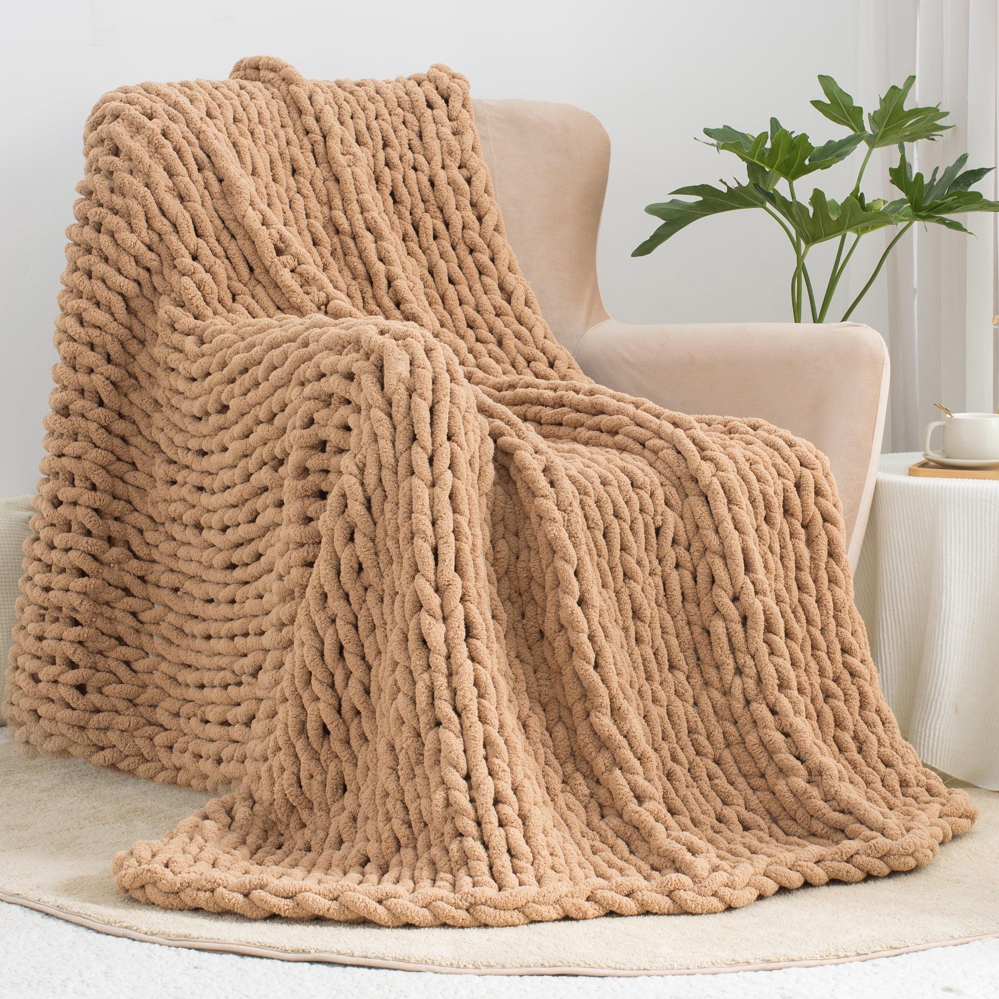 Tan Brown Chunky Knit Chenille Throw Blanket 50" x 60"