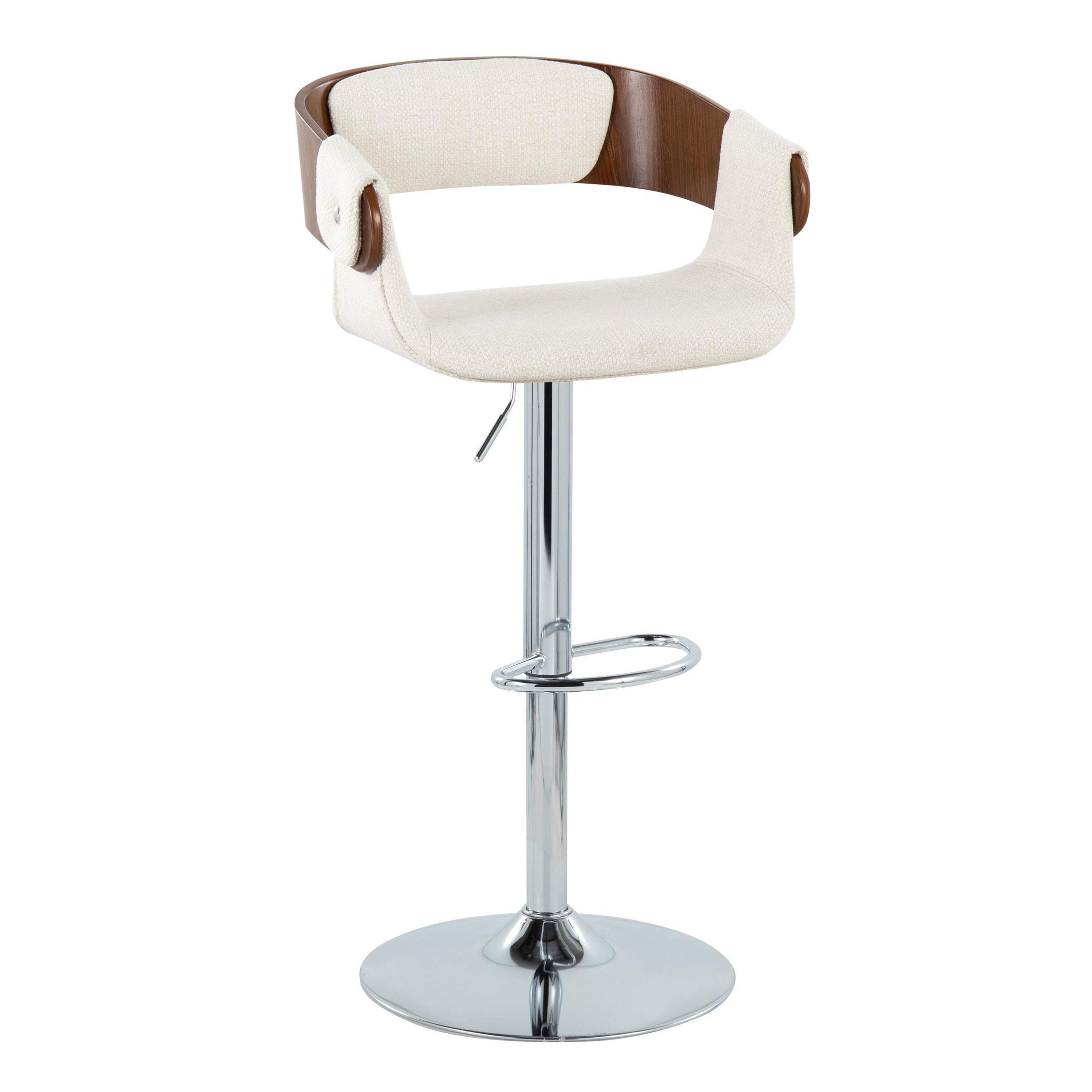 Cream Fabric Walnut Wood Chrome Adjustable Swivel Bar Stool