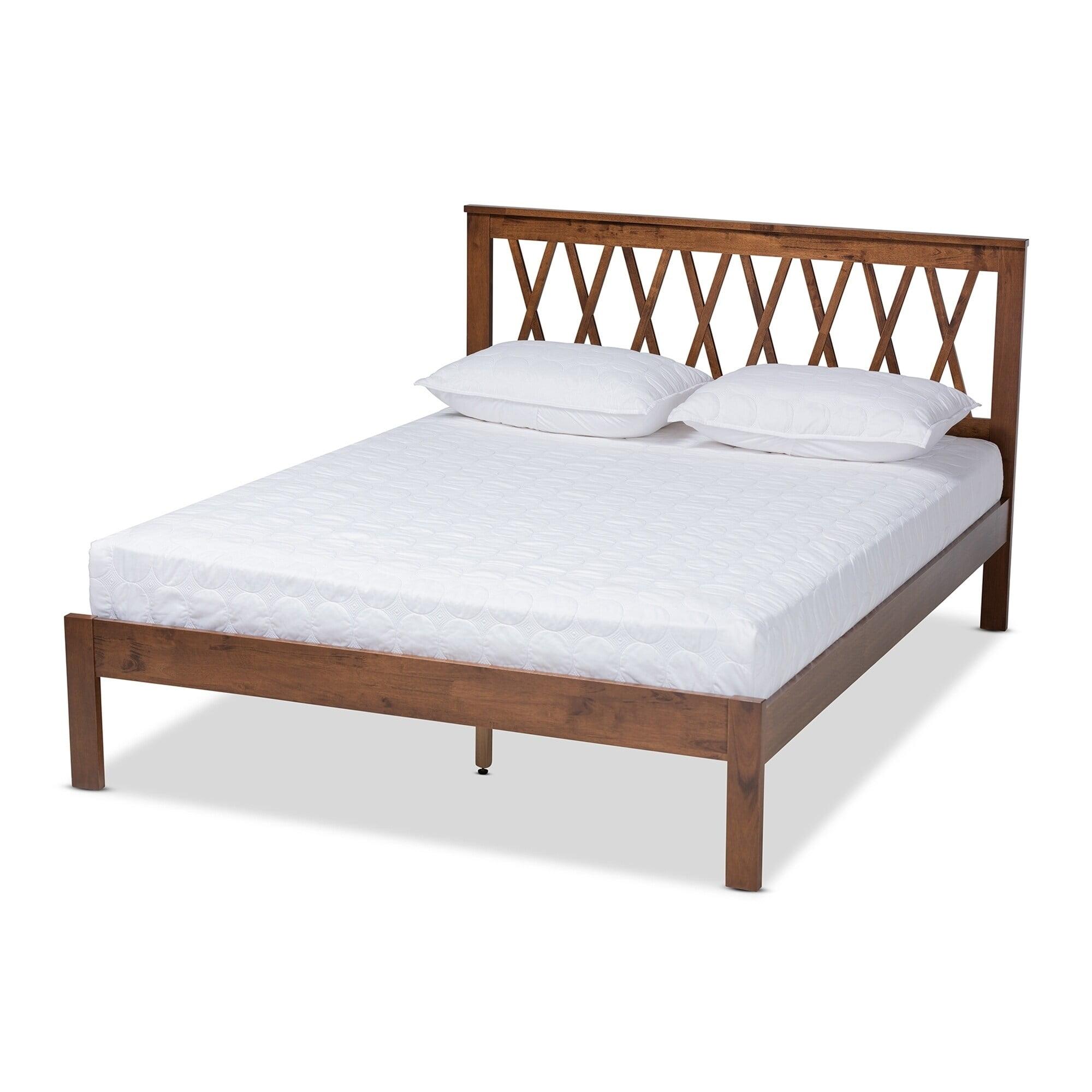 Queen Walnut Rubberwood Platform Bed with Criss-Cross Headboard