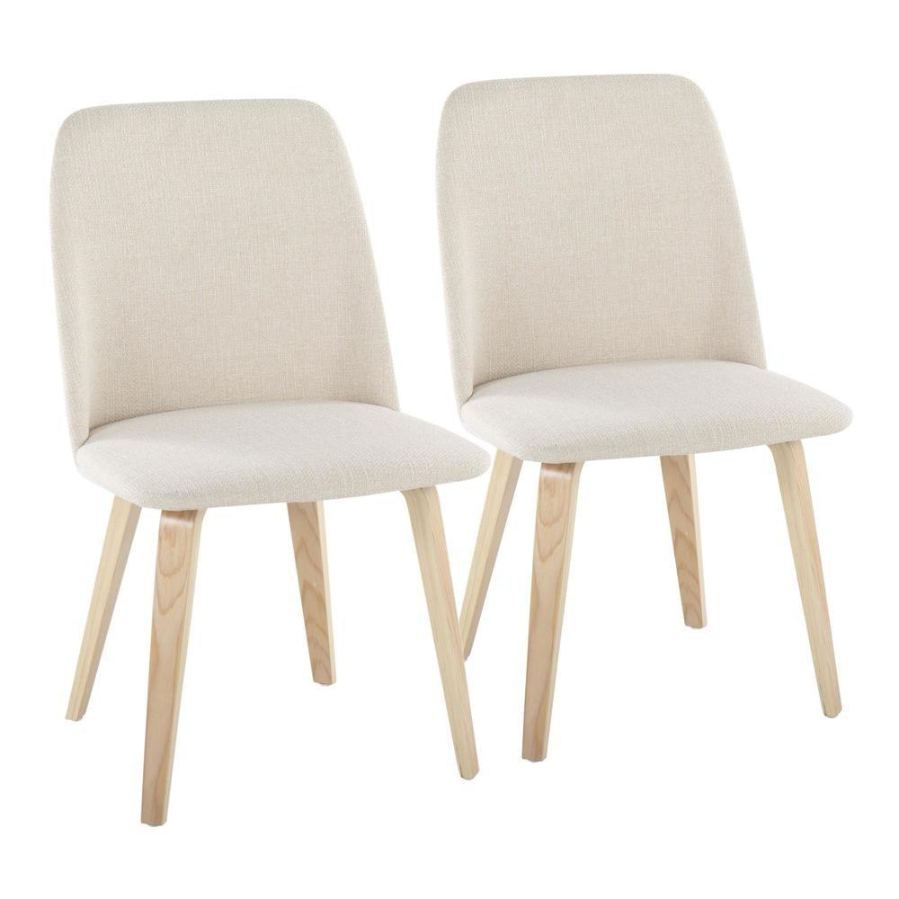 Cream Upholstered Faux Leather Side Chair with Natural Wood Legs