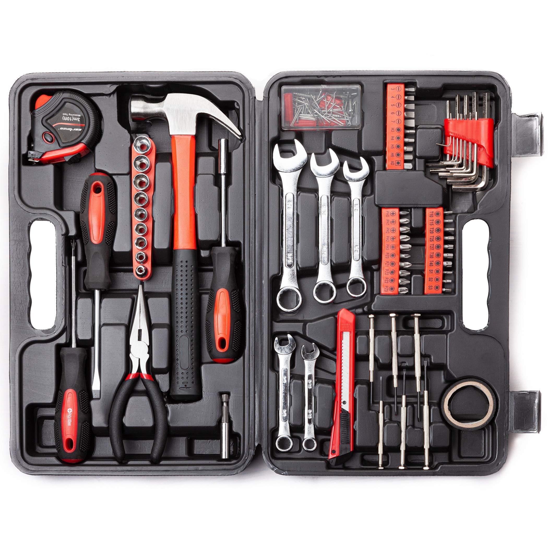 Cshidworld 148-Piece Tool Set General Household Hand Kit with Plastic Toolbox Storage Case, Mechanic Basic Home Tool Kit for Men and Women, All Essential Repair Tools for Home Garage and Office, Red