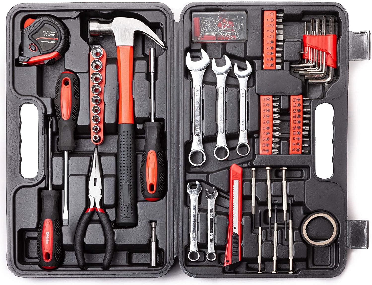 Cshidworld 148-Piece Tool Set General Household Hand Kit with Plastic Toolbox Storage Case, Mechanic Basic Home Tool Kit for Men and Women, All Essential Repair Tools for Home Garage and Office, Red