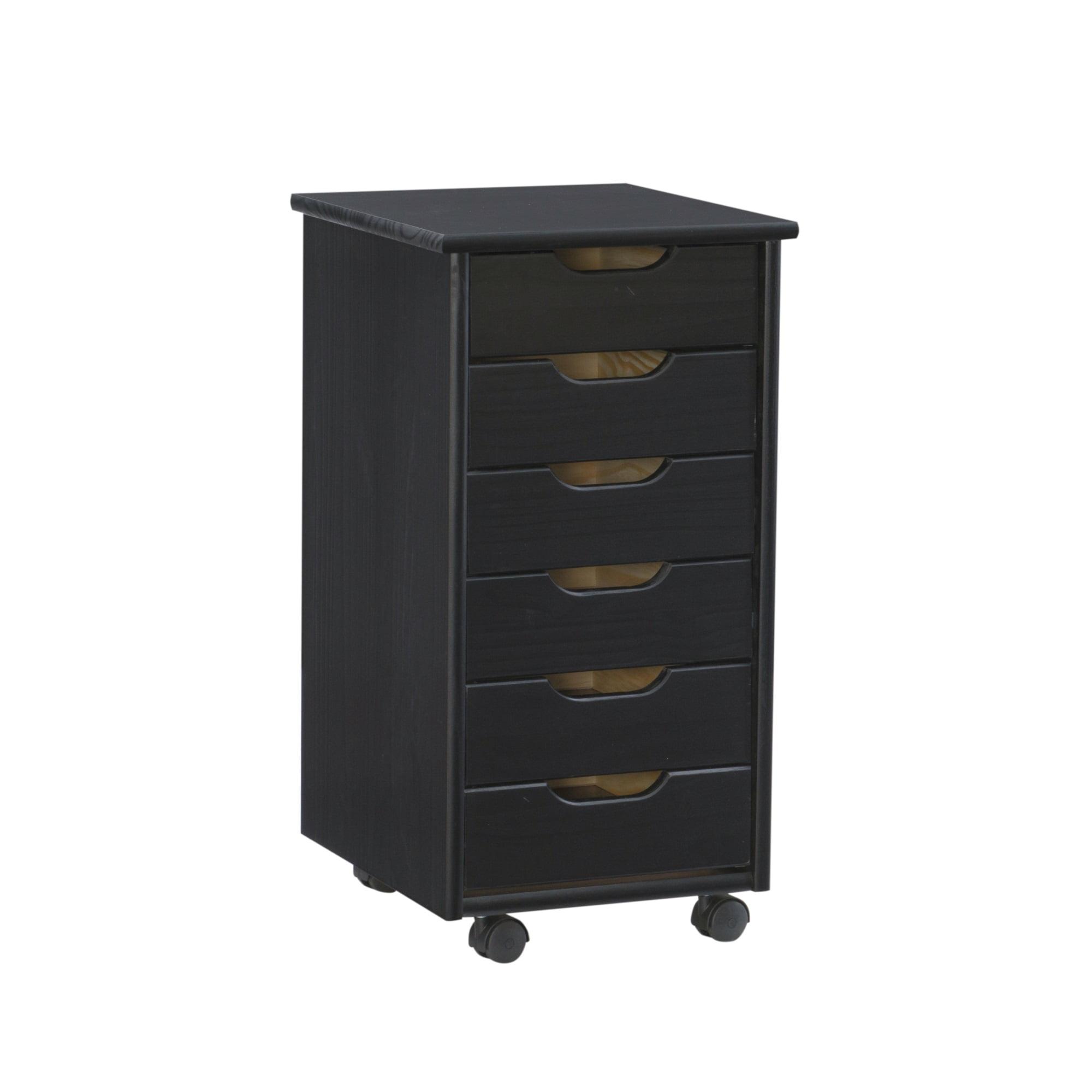 Cary Black Pine Wood Six Drawer Rolling Storage Cart