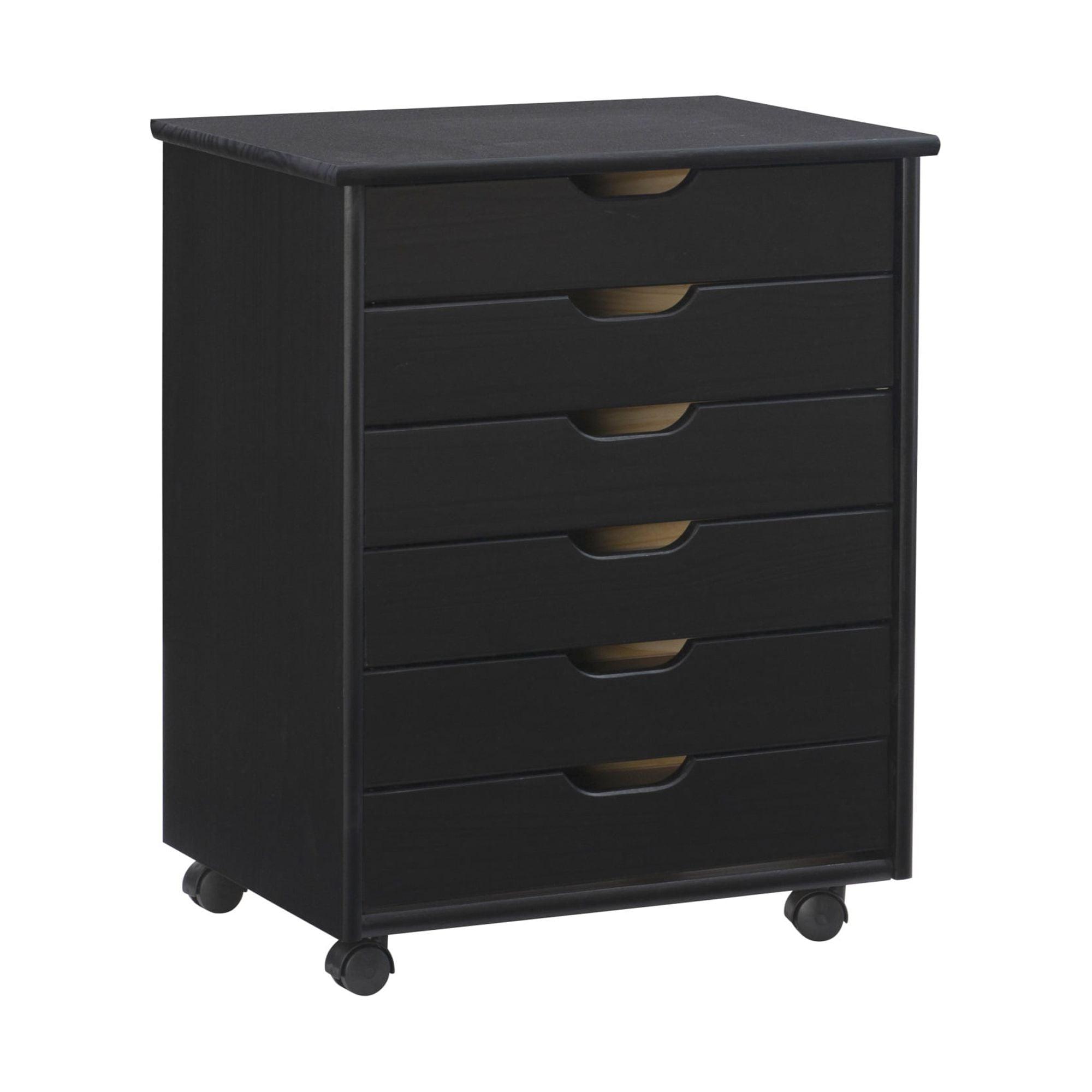 Cary Modern Black Pine Wood 6-Drawer Mobile Storage Cart