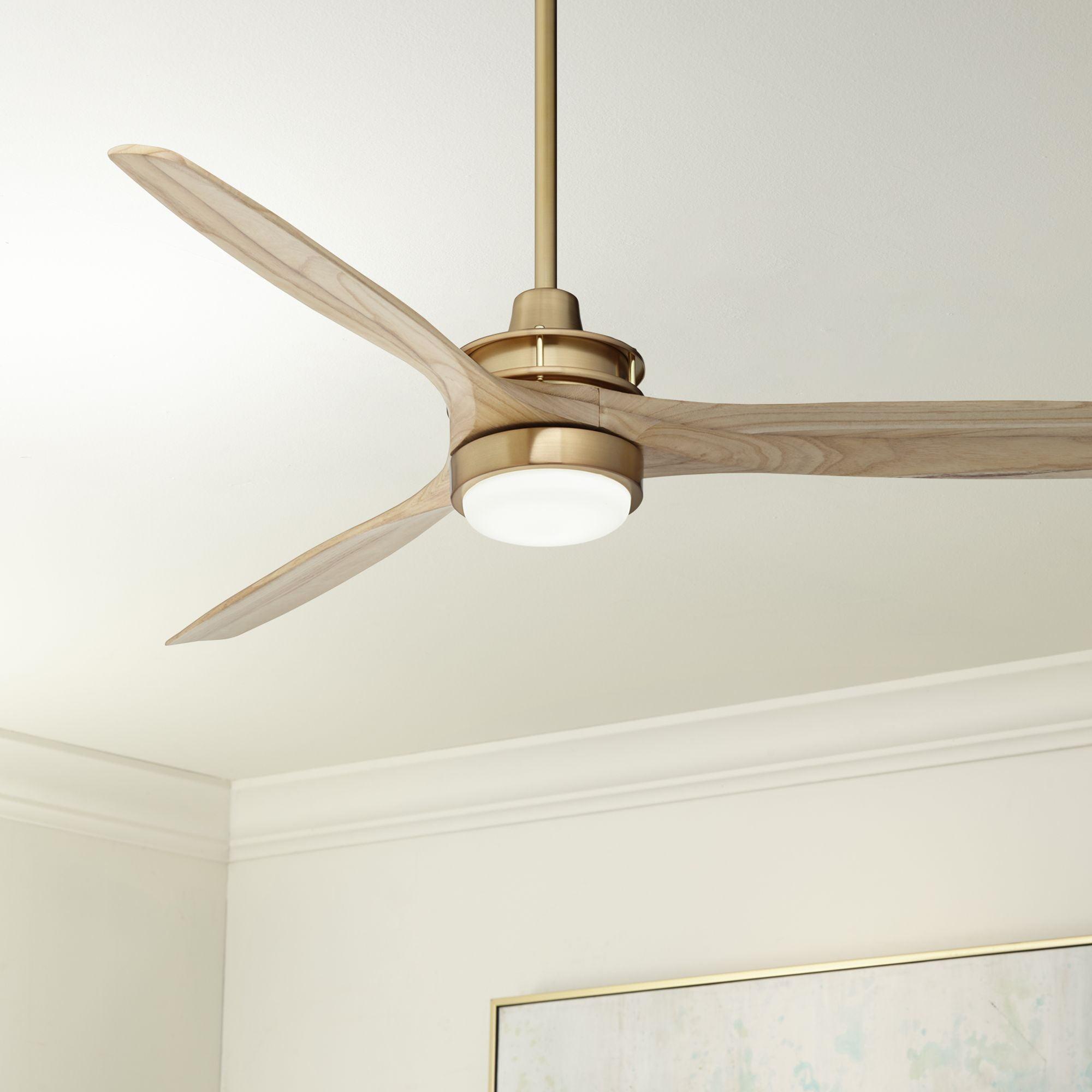 Casa Vieja 52" Windspun Modern Indoor Ceiling Fan 3 Blade LED Light Remote Control Soft Brass Finish Natural Wood Blades Bedroom Living Room Kitchen
