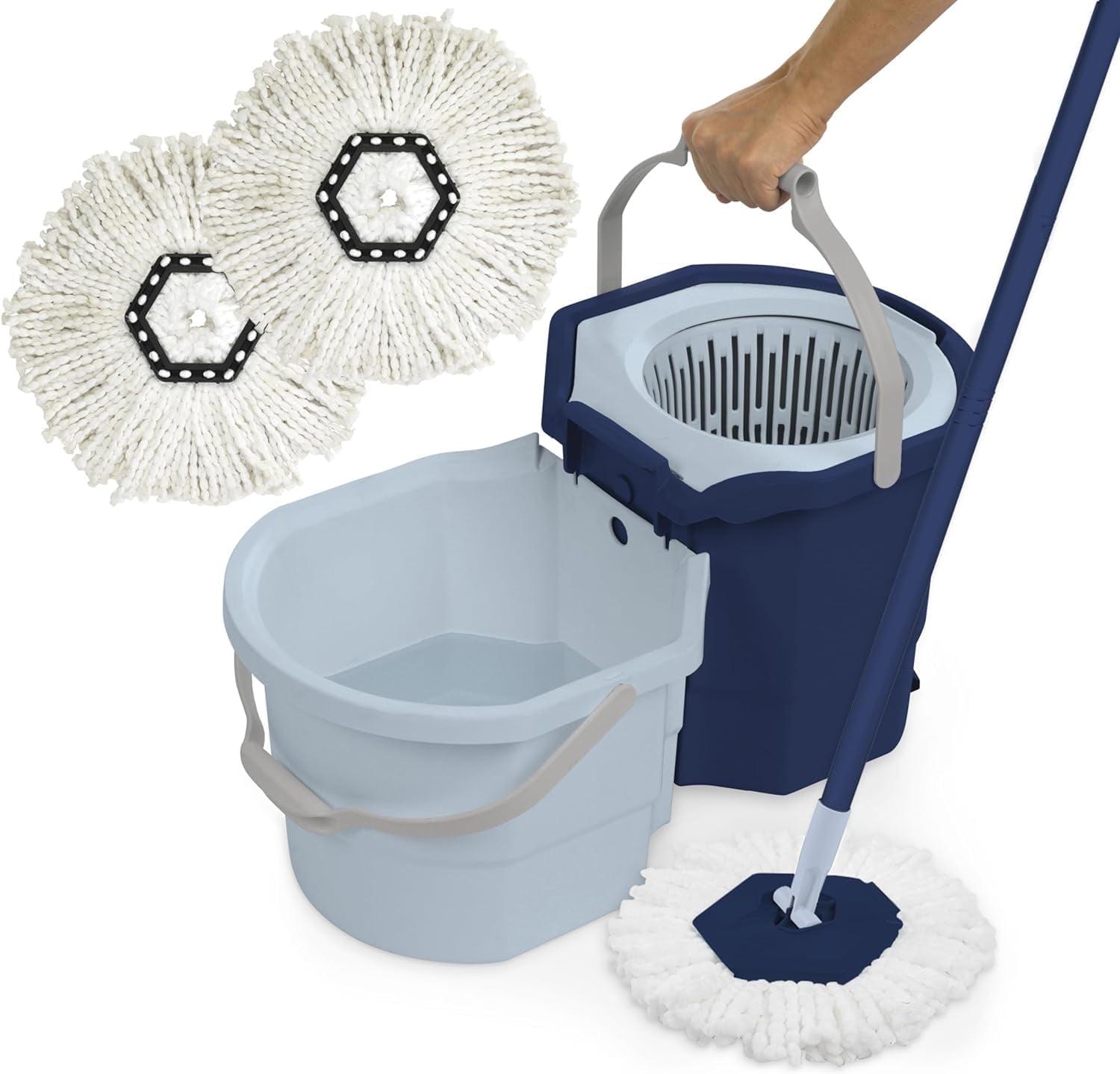 Casabella Clean Water Spin Mop with 2-Bucket System, Spin Mop and Mopping Bucket Set with Refill, Blue/White