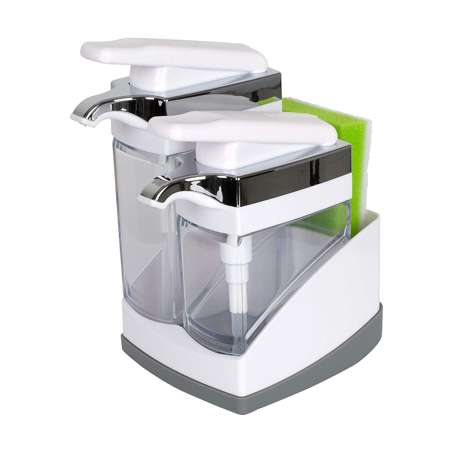 Casabella Sink Sider Duo Soap Dispensers with Sponge, for Dish & Hand Soap, Chrome Plating, White