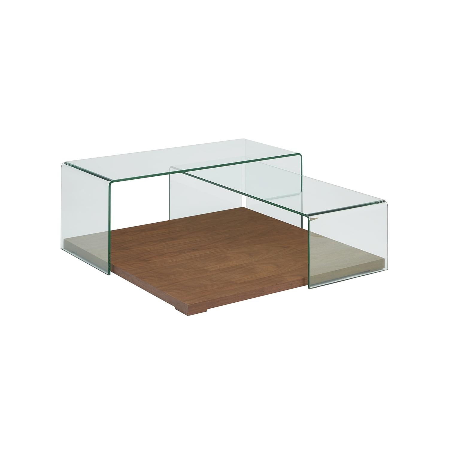 Kinetic Walnut Veneer Square Coffee Table with Clear Glass