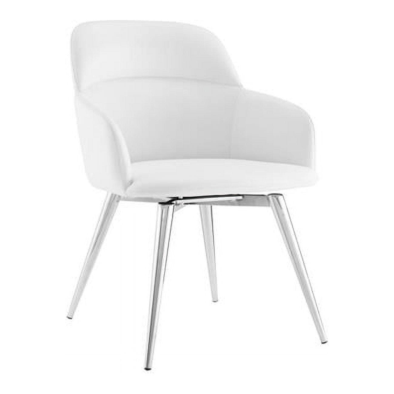 Sleek White Faux Leather Swivel Arm Chair with Metal Base