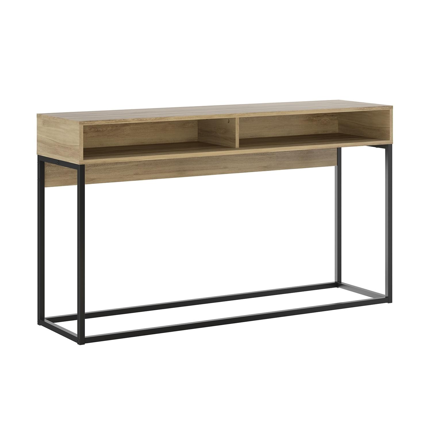 Transitional Oak Melamine and Black Metal Console Table