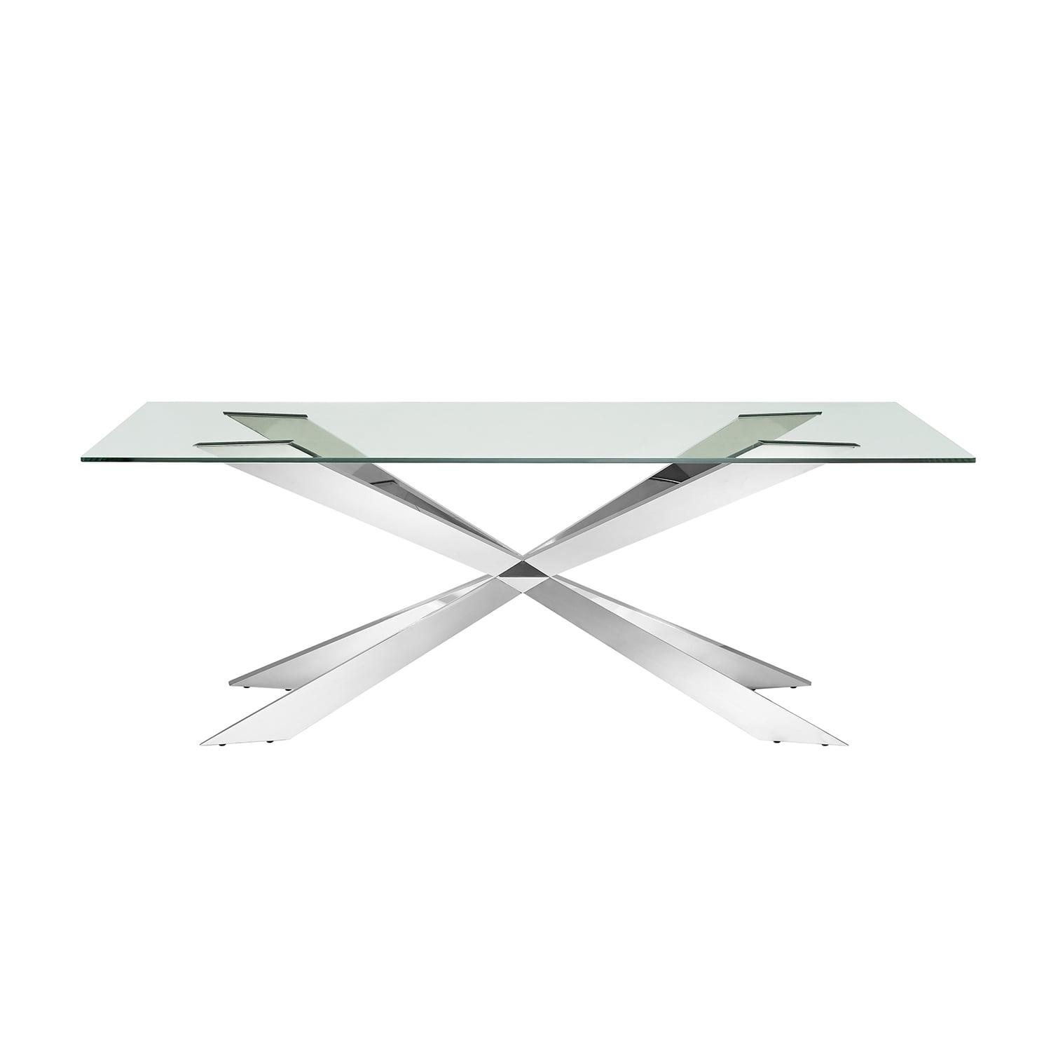 Vortex 86" Clear Glass and Silver Stainless Steel Rectangular Dining Table