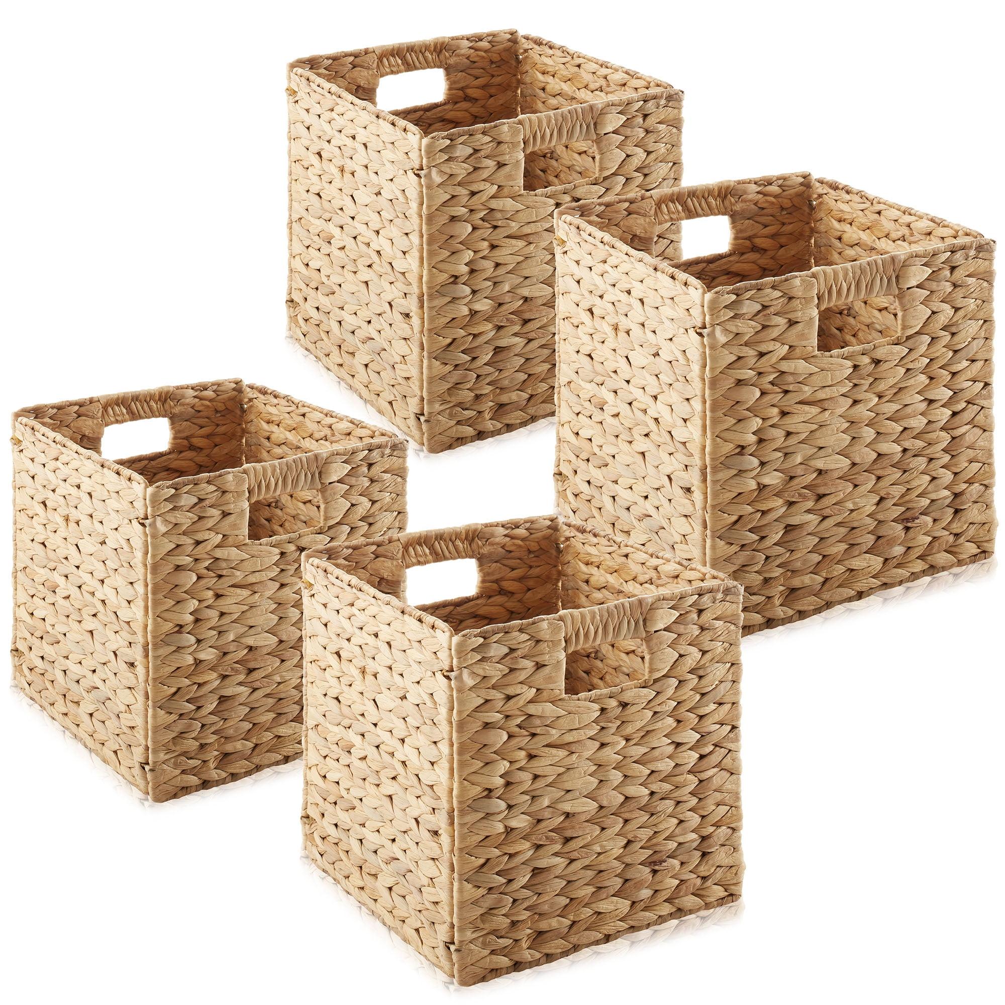 Casafield 10.5" x 10.5" Water Hyacinth Storage Baskets - Set of 2 Collapsible Cubes, Woven Bin Organizers for Bathroom, Bedroom, Laundry, Pantry