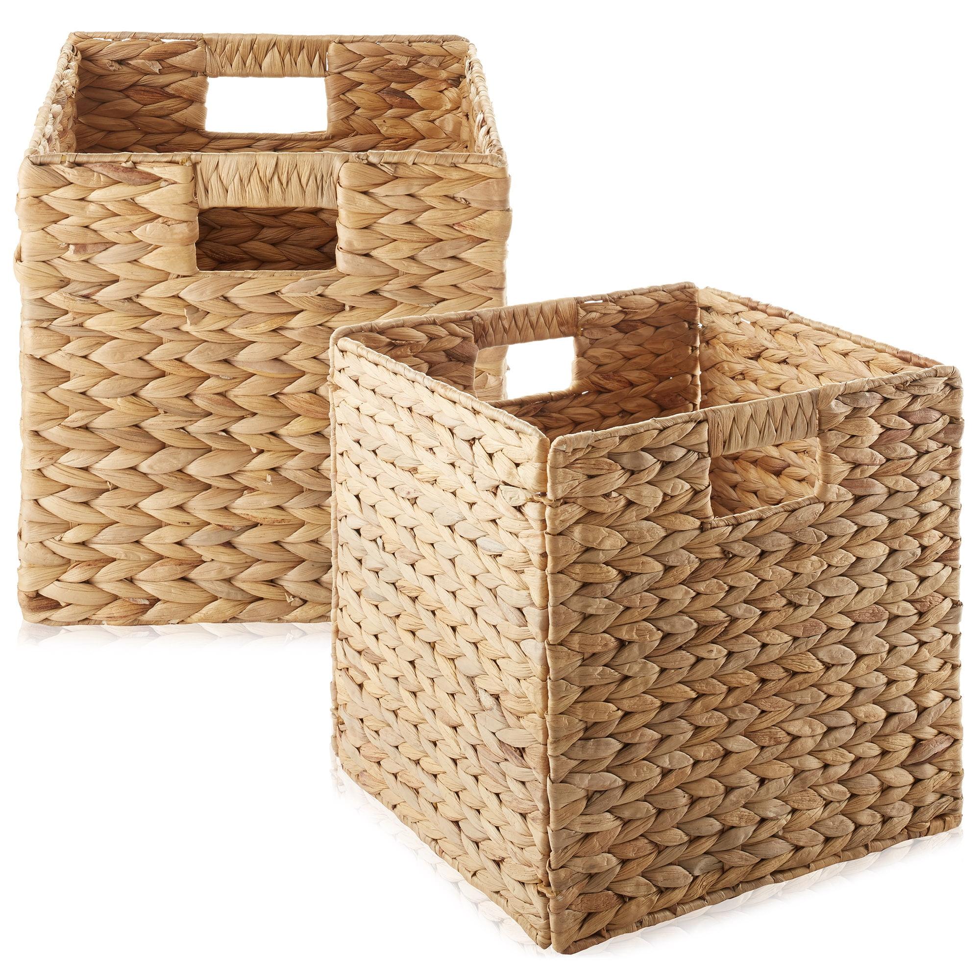 Casafield 12" x 12" Water Hyacinth Storage Baskets - Set of 2 Collapsible Cubes, Woven Bin Organizers for Bathroom, Bedroom, Laundry, Pantry, Shelves