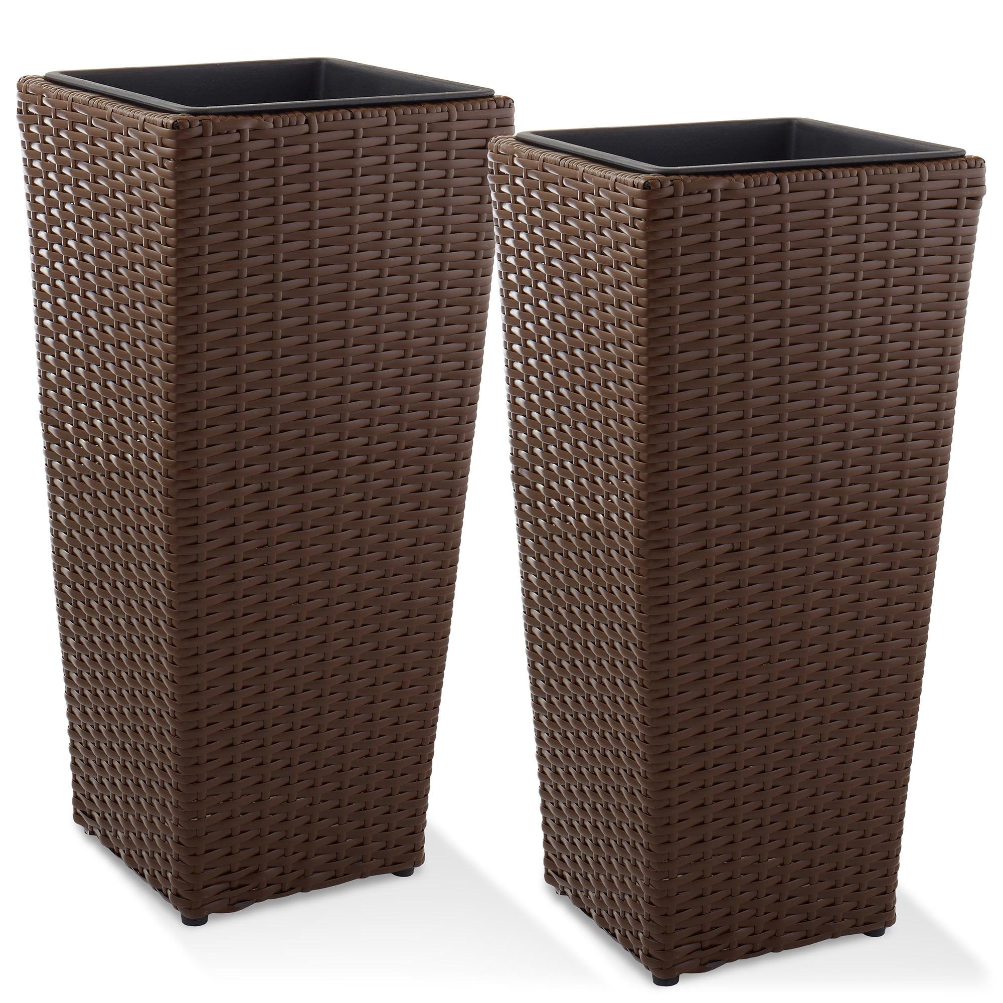 Casafield All-Weather Outdoor Planters with Liners - Set of 2, Tall Tapered Plant Boxes with Flower Pots for Front Porch, Patio, Garden - Espresso