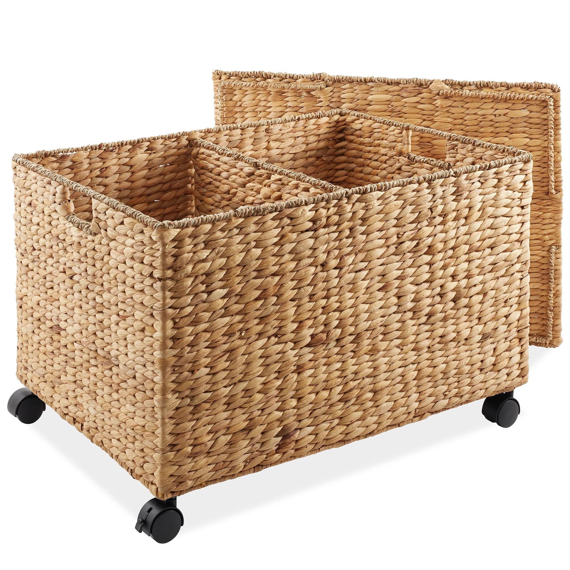Casafield Rolling Storage Basket Cart with Lid and Wheels, Natural - Woven Water Hyacinth Divided Sorting Bin for Kitchen, Laundry, Pantry, Garage