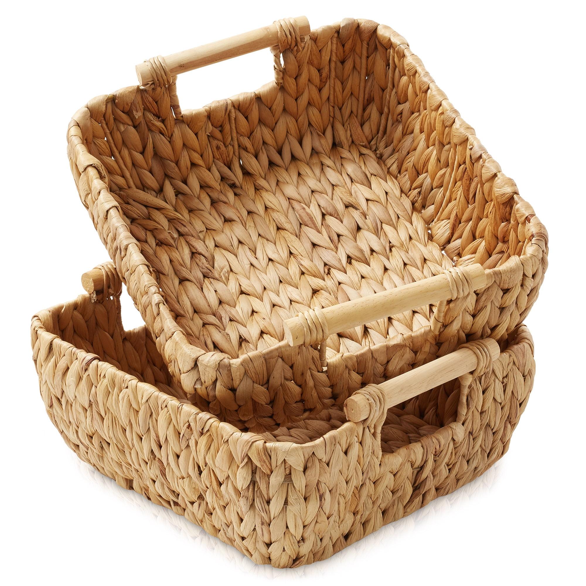 Casafield Water Hyacinth Oval Storage Basket Sets with Wooden Handles, Woven Nesting Bin Organizers