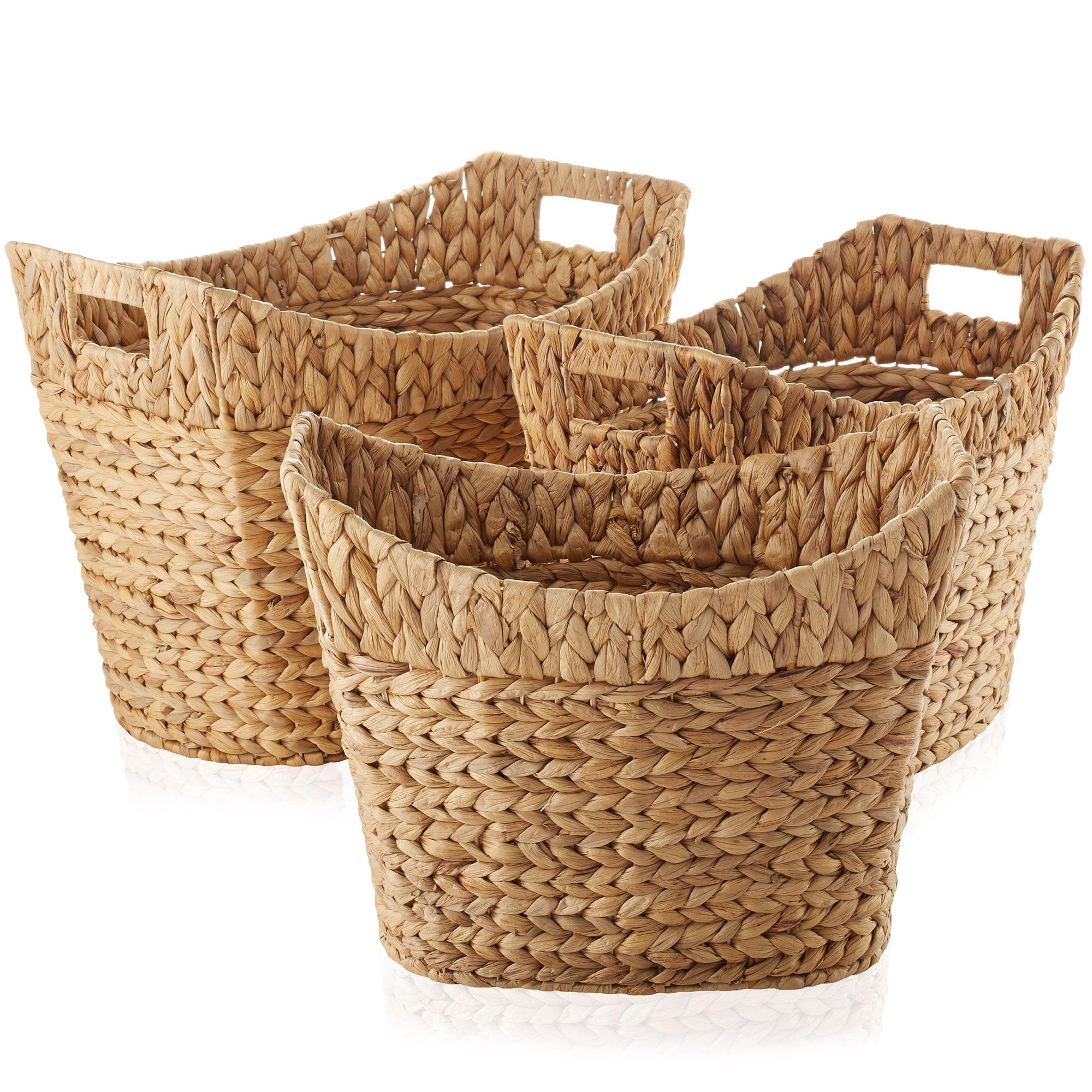 Casafield Set of 3 Water Hyacinth Oval Baskets with Handles - Natural, Woven Storage Totes for Blankets, Laundry, Bathroom, Bedroom, Living Room