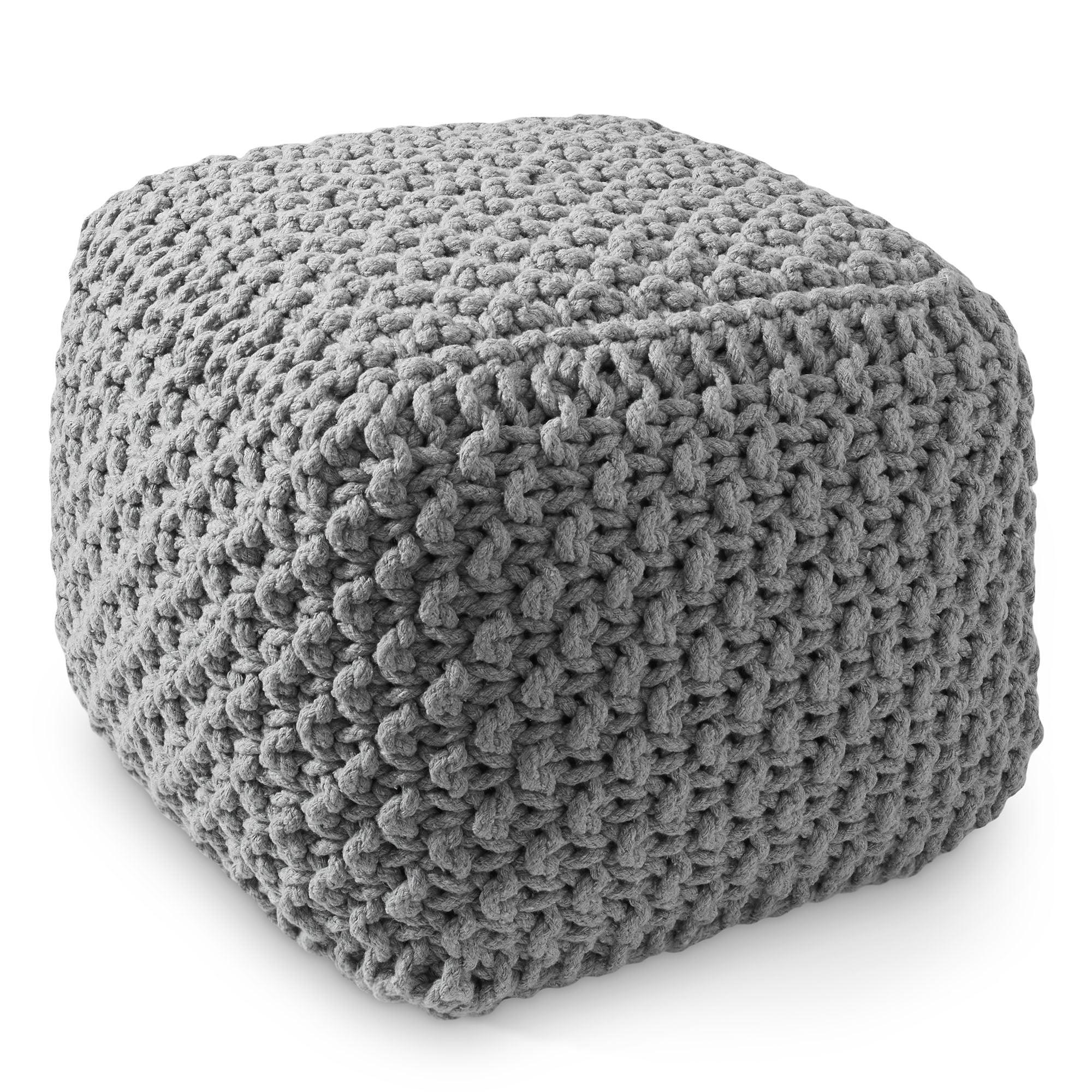 Casafield Square Pouf Ottoman, Light Gray - 18.5" W x 18.5" D x 14.5" H Cotton Knit Foot Stool - Boho Floor Pouffe for Living Room