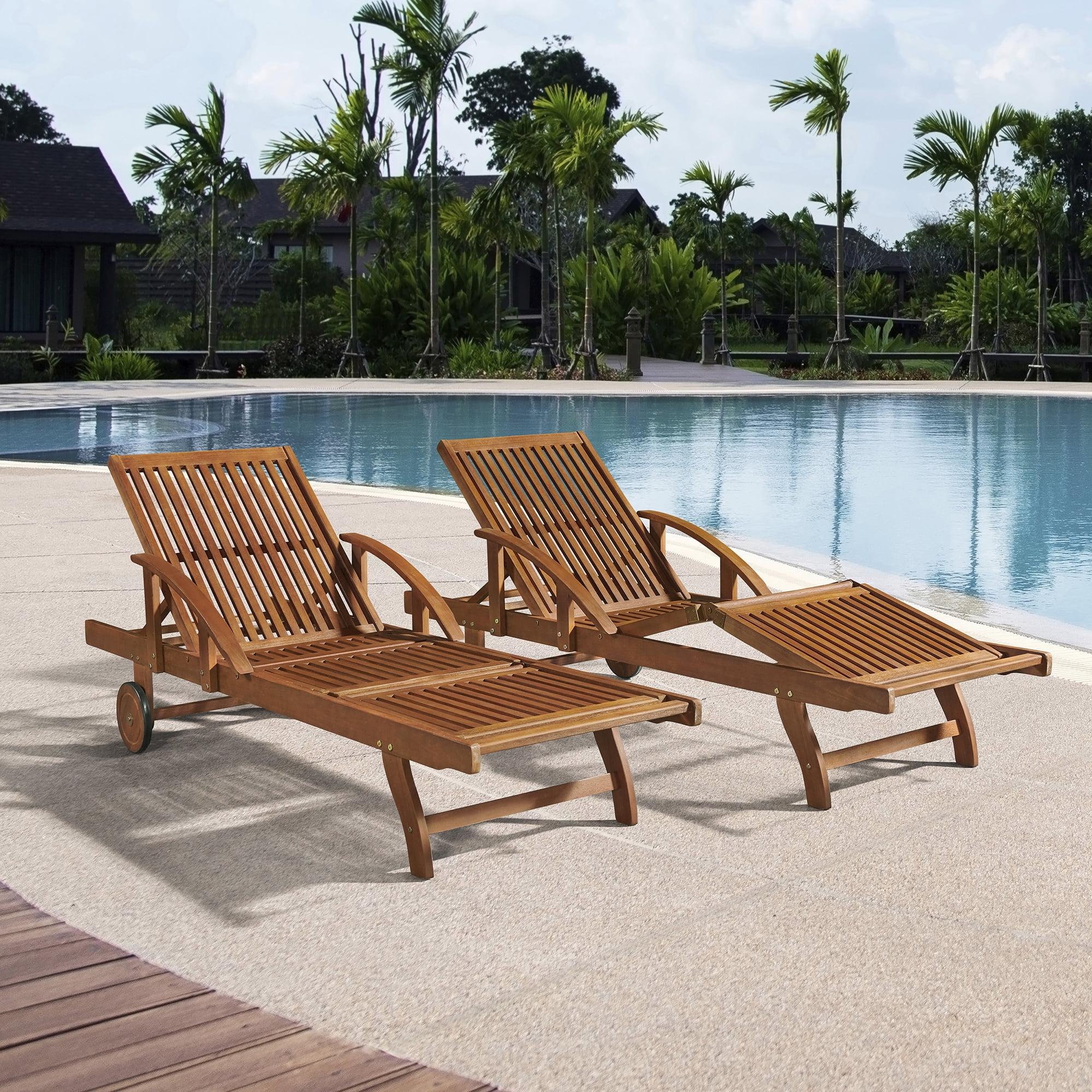 Caspian Eucalyptus Wood Outdoor Chaise Lounge Chair Set with Arms