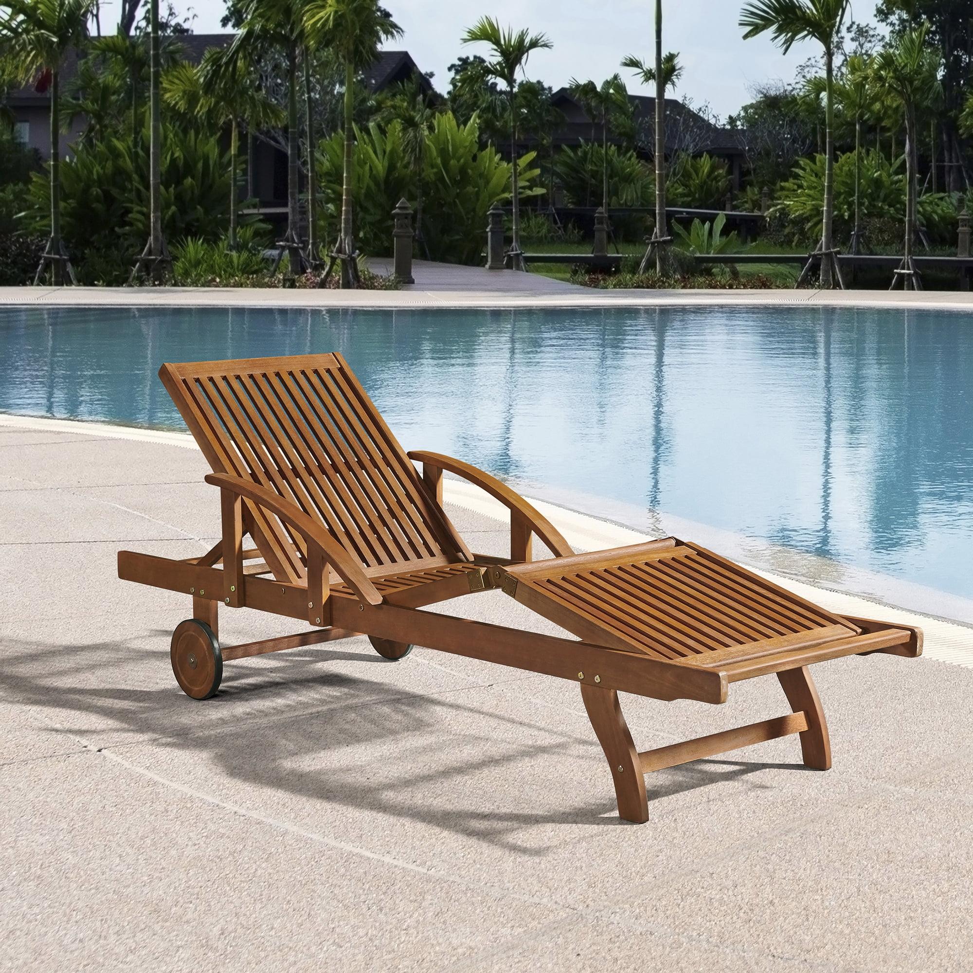 Caspian Adjustable Eucalyptus Wood Outdoor Chaise Lounge with Wheels