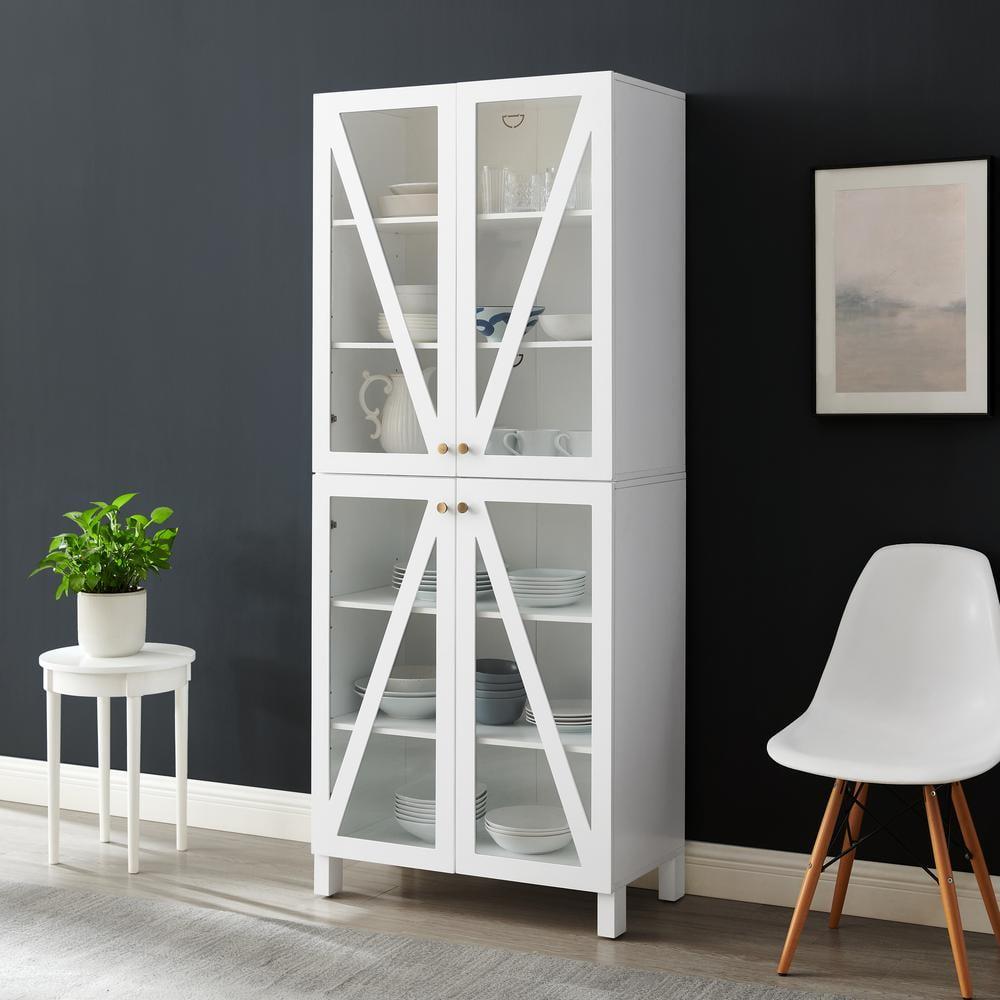 White Tall Cabinet with Adjustable Shelving and Glass Doors