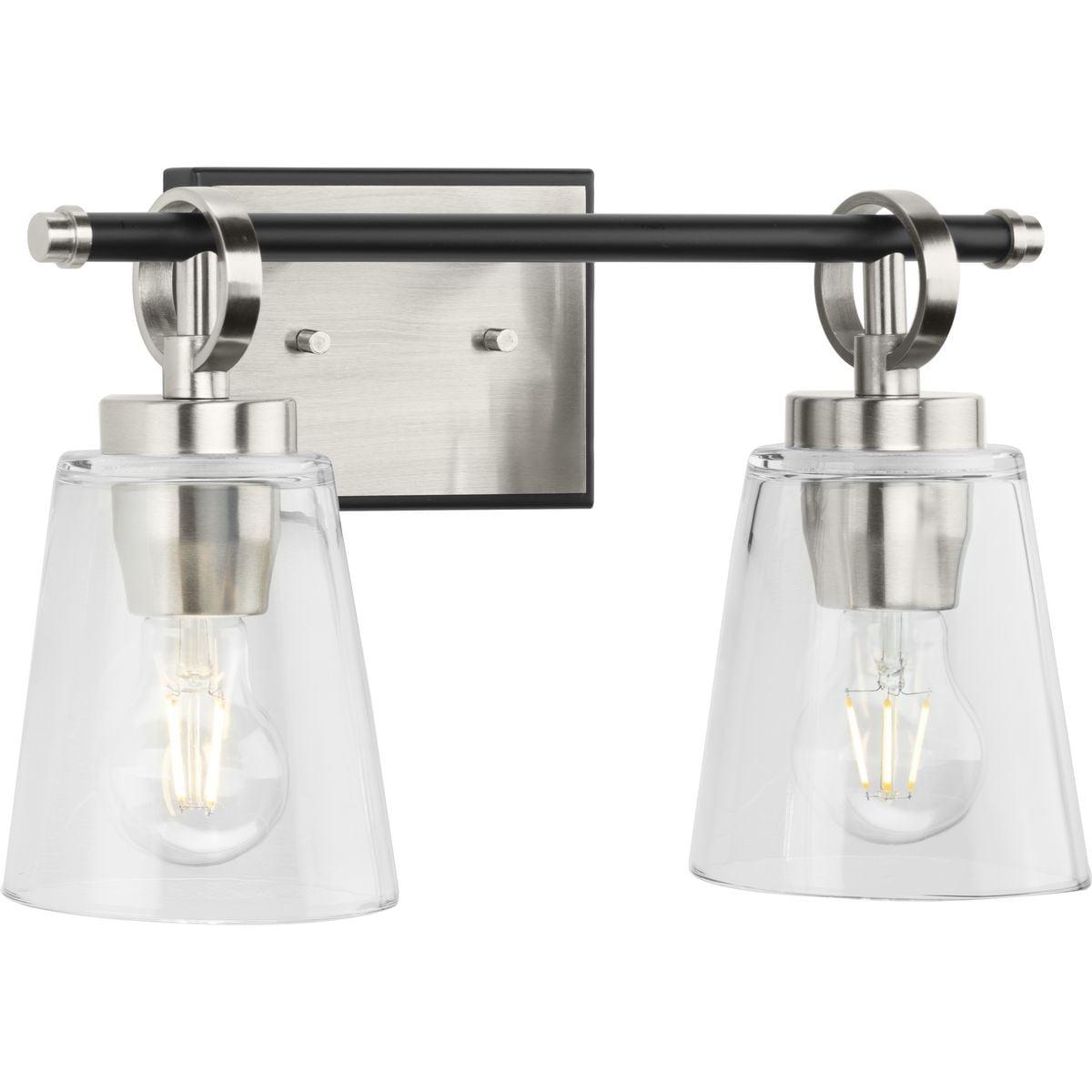 Progress Lighting Cassell 2-Light Vanity Fixture, Brushed Nickel/Matte Black, Clear Glass Shades