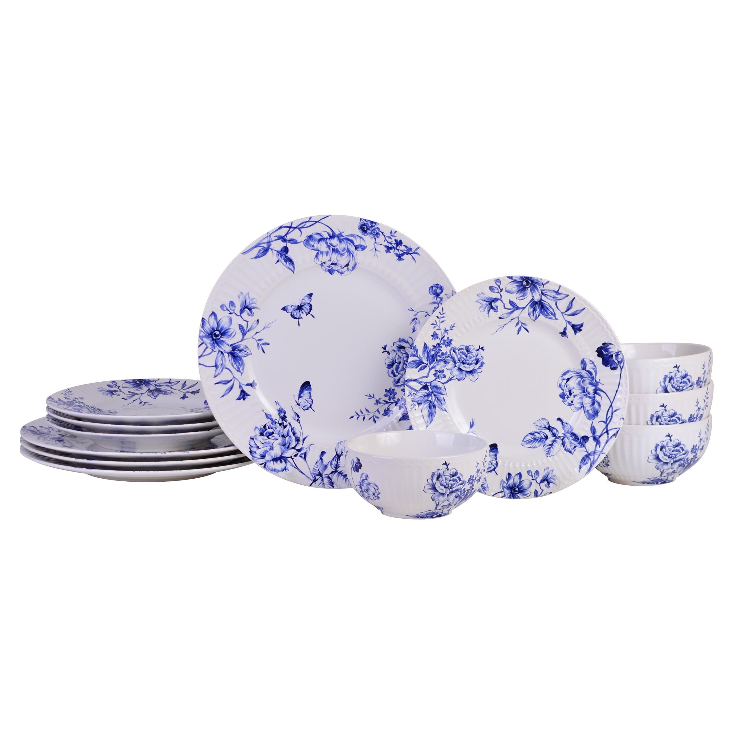 Cassian Embossed Toile Blue Porcelain 12 Pc Dinnerware Set