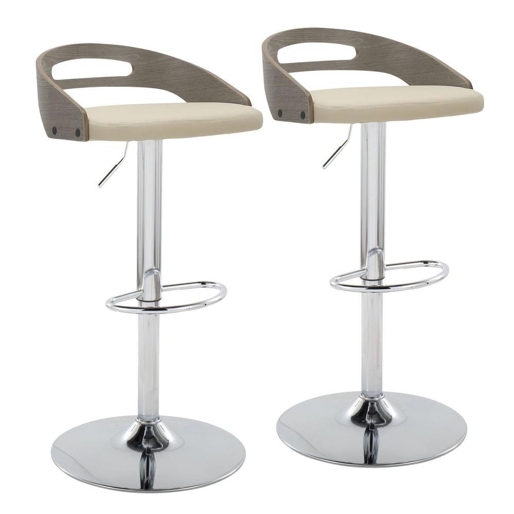 Cassis Mid-Century Modern Adjustable Barstool With Swivel In Chrome Metal, Black Faux Leather With Light Grey Wood Back And Oval Footrest - Set Of 2