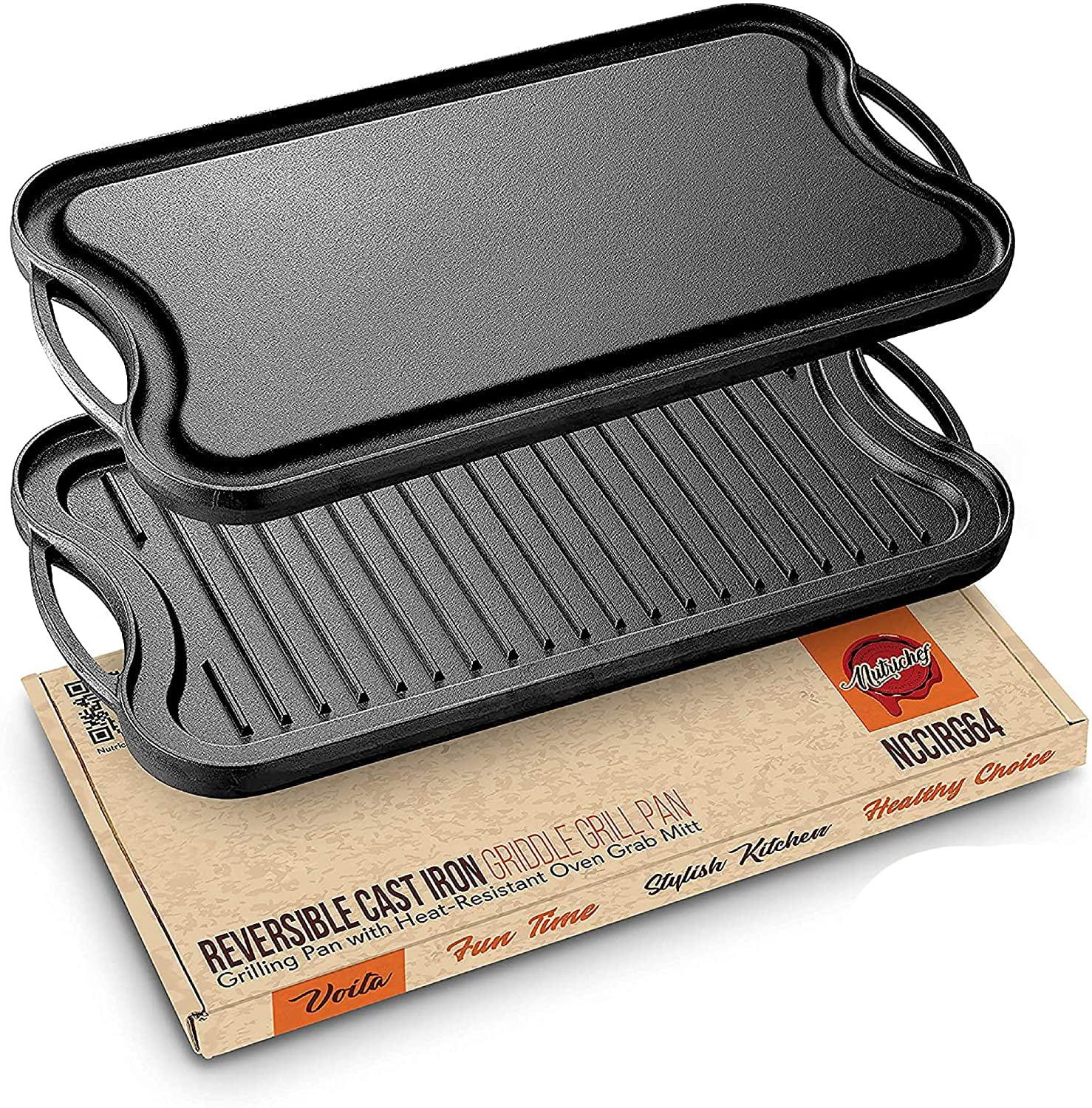 NutriChef Reversible Cast Iron Griddle with Scraper, 21.65"