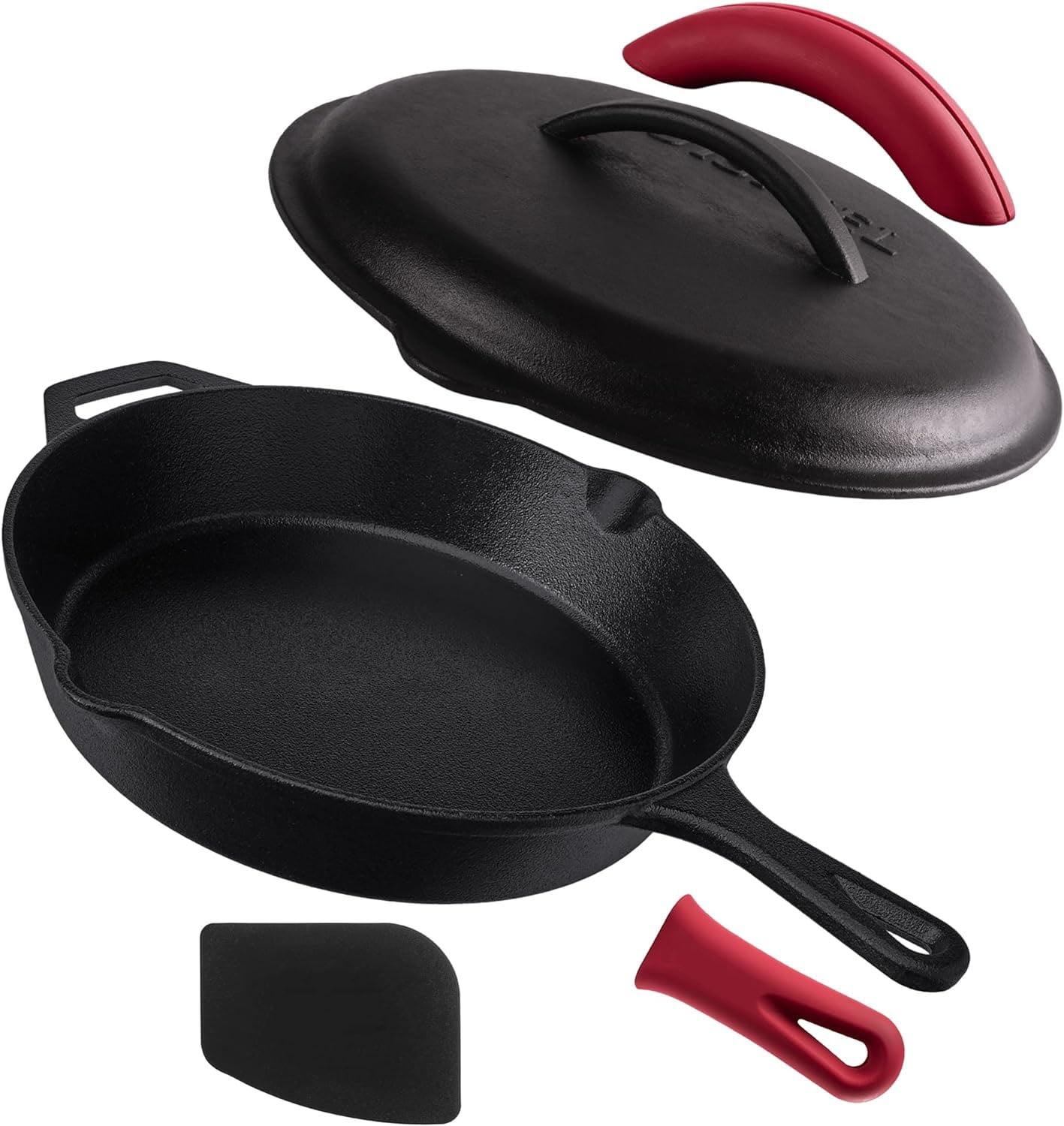 12-Inch Pre-Seasoned Cast Iron Skillet with Lid and Silicone Handle