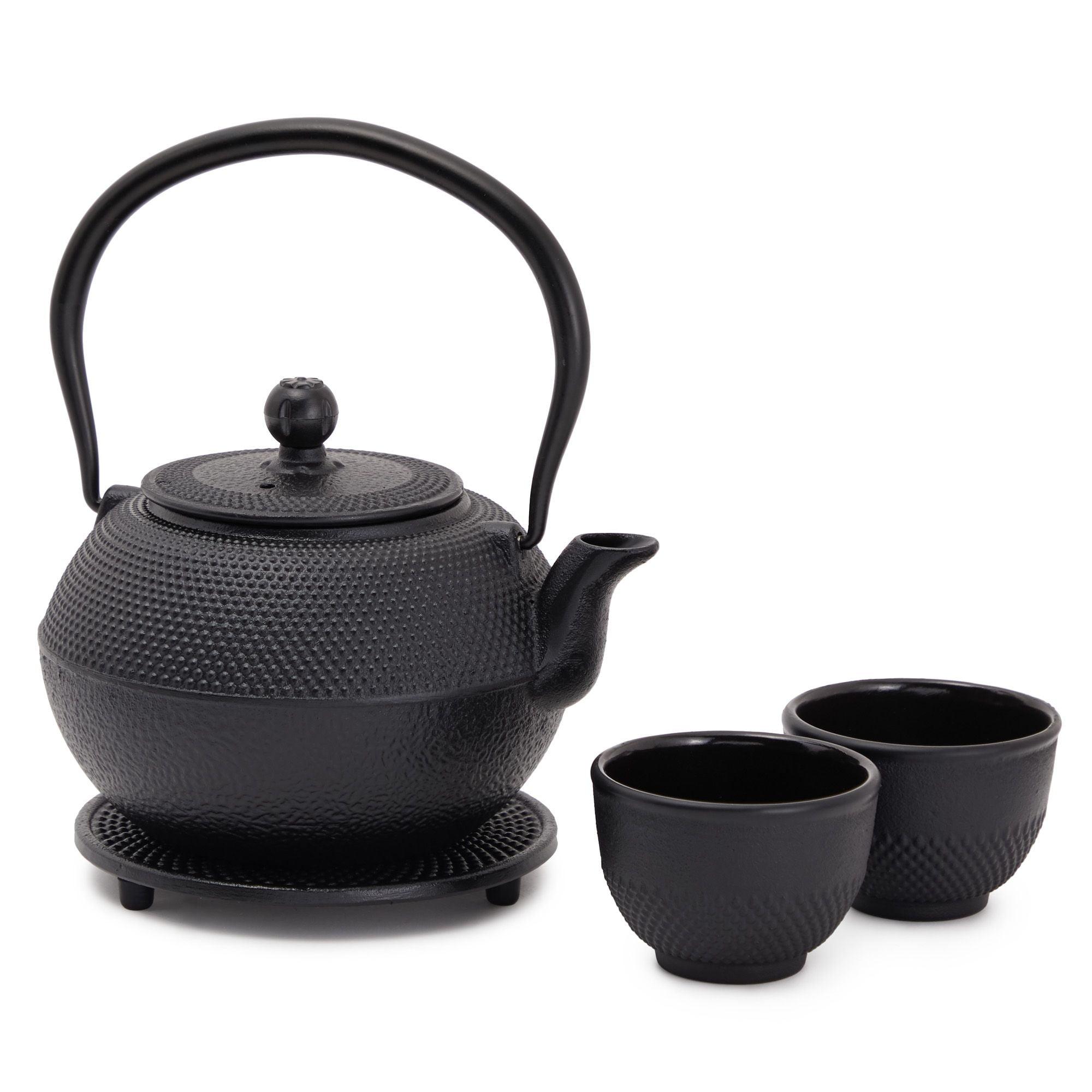 Juvale Black Cast Iron Teapot Tea Kettle Set with 2 Cups, Contemporary Trivet Dutch Hobnail, 1200 mL