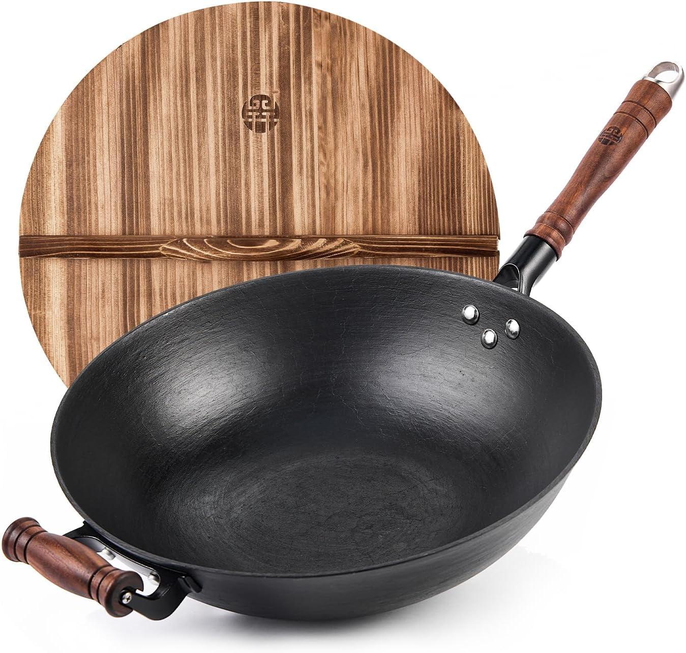 12.6" Handmade Cast Iron Wok - Wooden Lid & Handle, Flat Bottom Pan for All Stoves