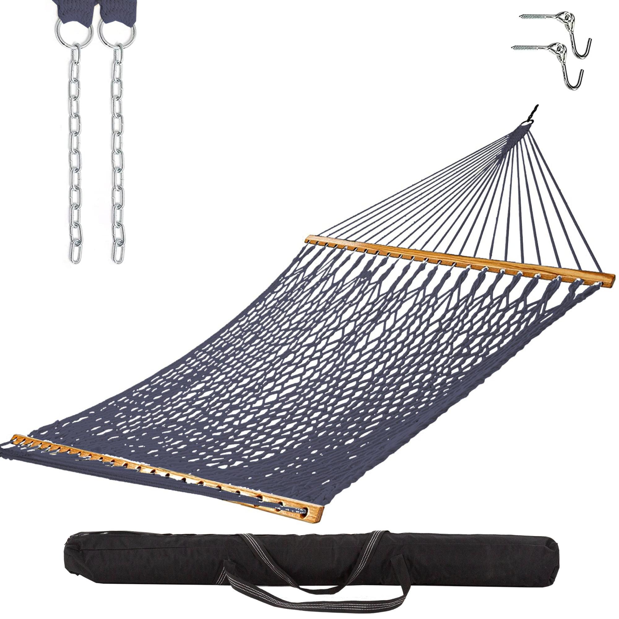 Castaway Living 13 ft. Double Navy Polyester Rope Hammock with Free Extension Chains ,Tree Hooks & Storage Bag