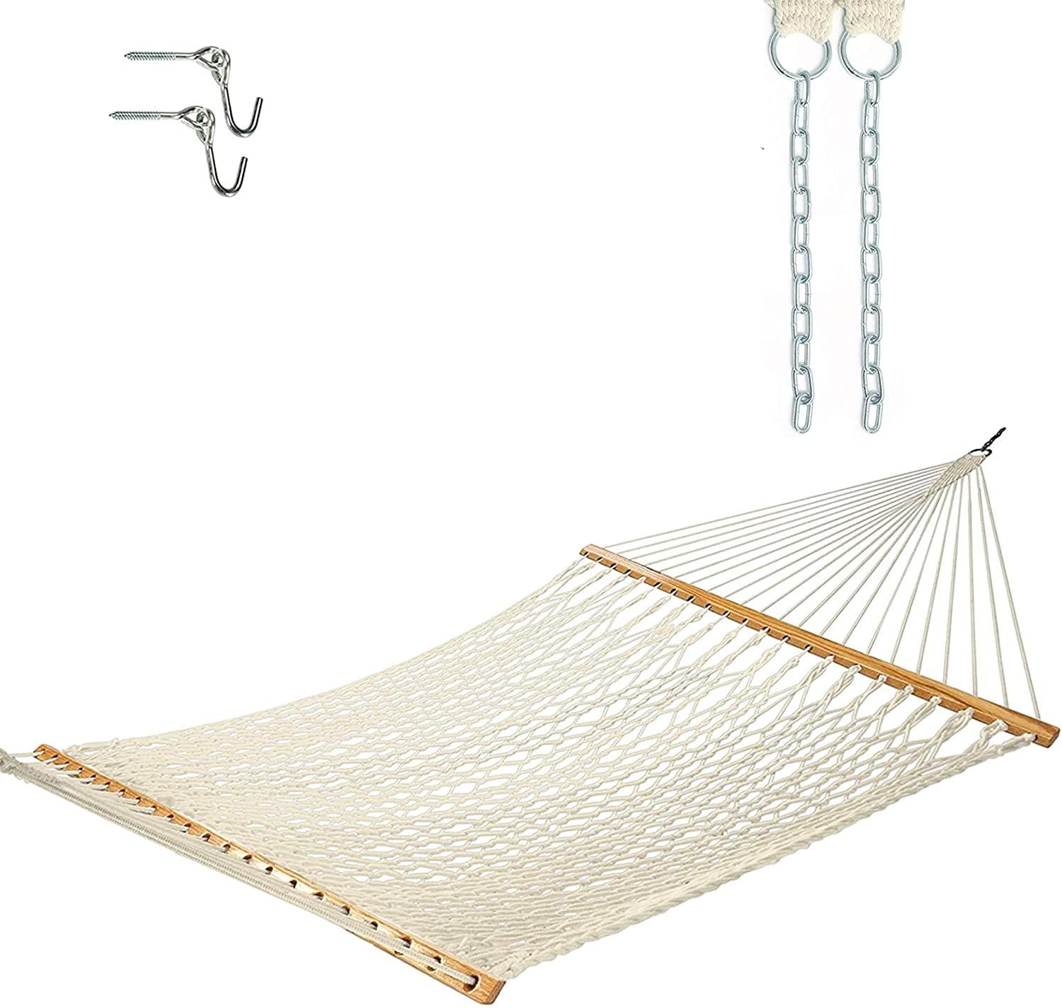 Neutral Cotton Rope Double Hammock with Hardwood Spreader Bar