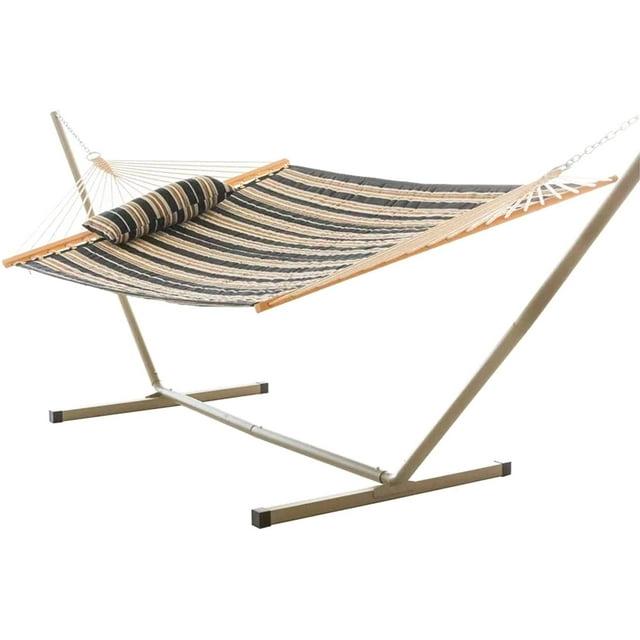 Castaway Living Beige & Black Stripe Large Quilted Hammock w/Patented KD Space Saving Stand & Detachable Pillow