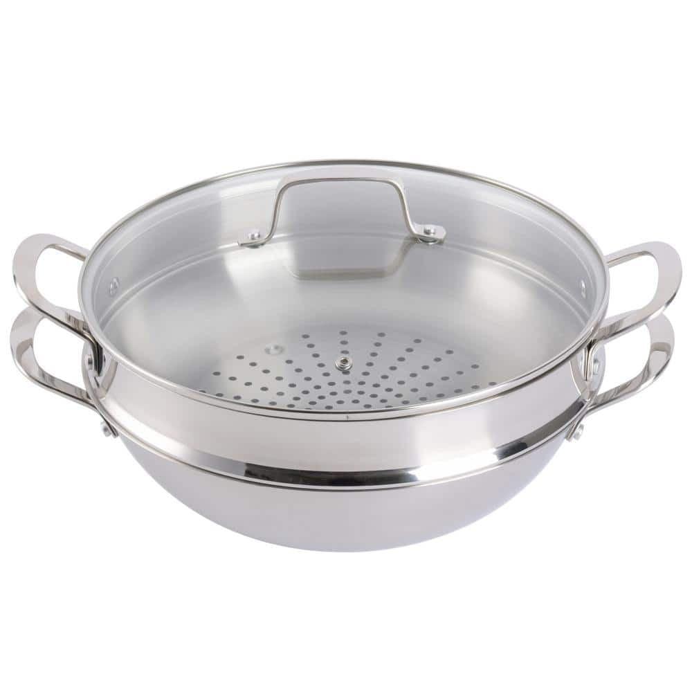 16 in. Stainless Steel Frying Pan with Steamer and Lid