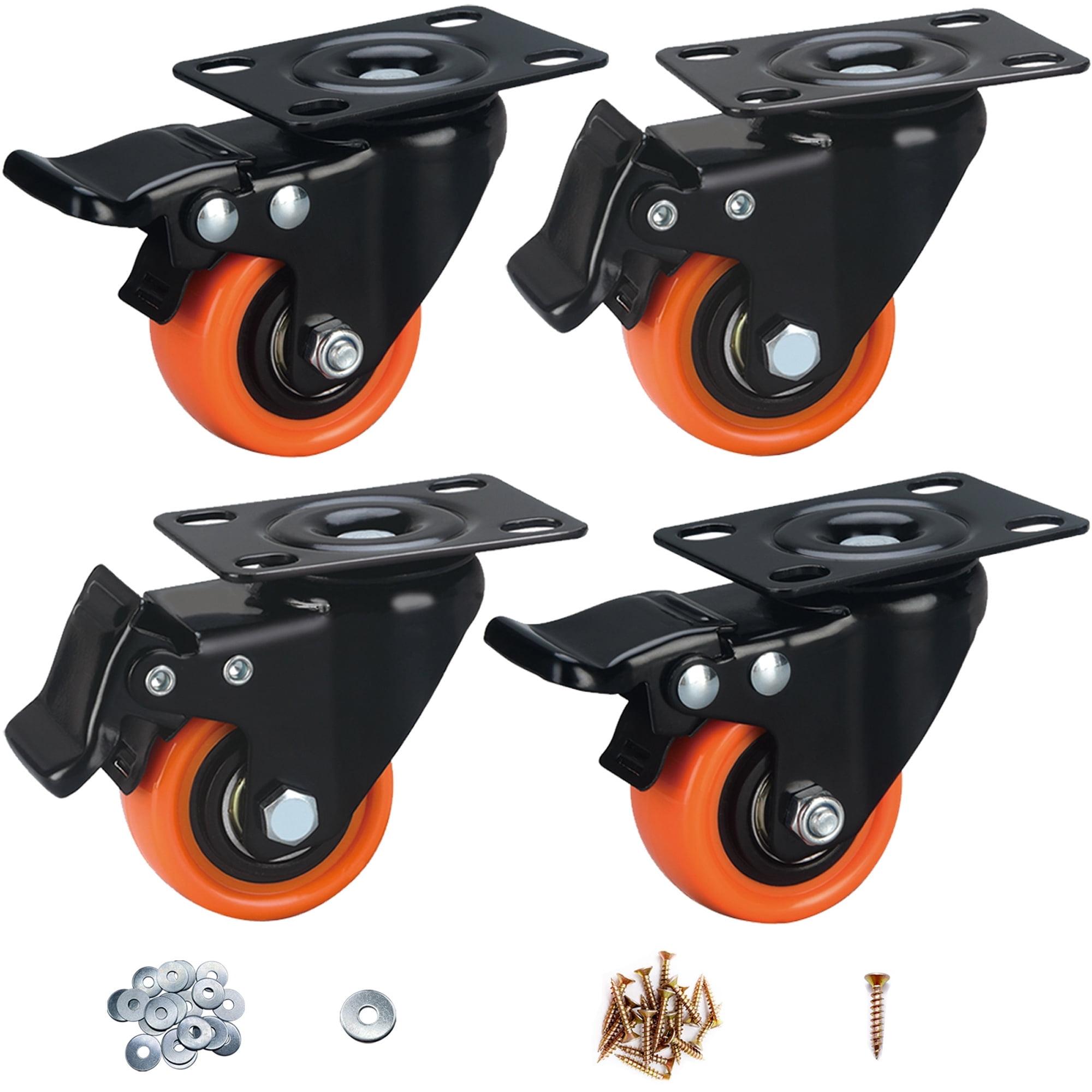 2" Orange Polyurethane Heavy Duty Caster Wheels with Brake, Set of 4