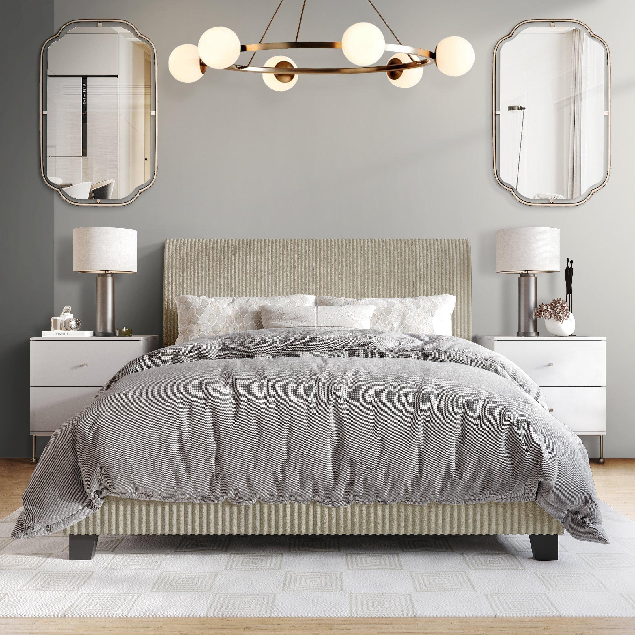 Castle Place Elegante Cama Matrimonial Tapizada en Terciopelo de Pana Beige